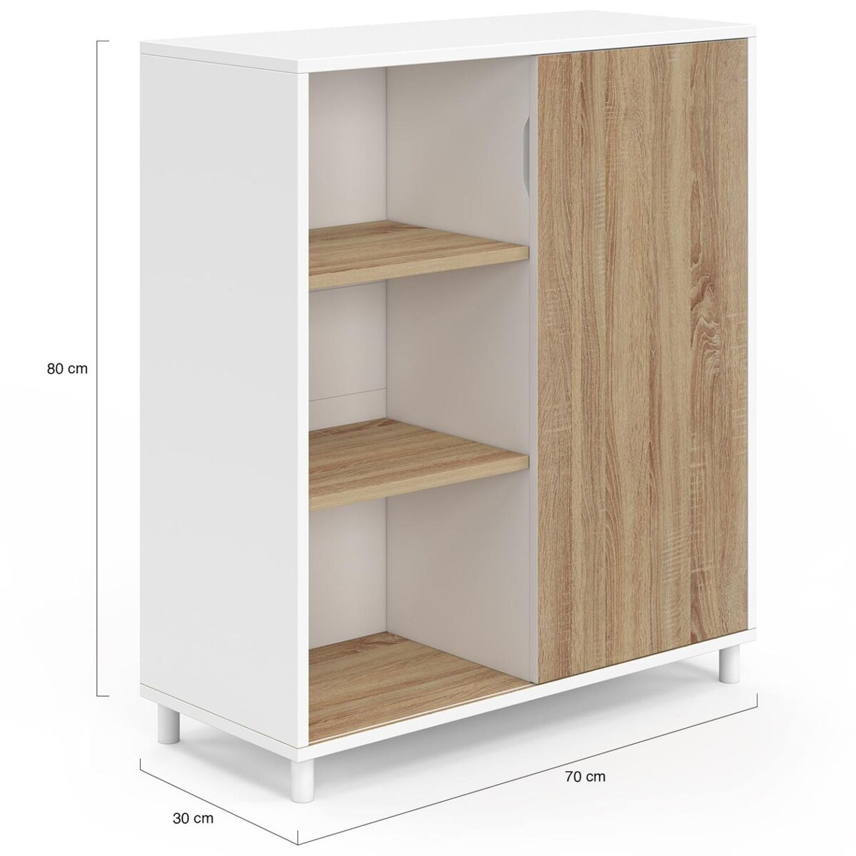 ID MARKET Buffet d'appoint 70 cm EASY montage facile sans outils 3 étagères et 1 porte coulissante réversible blanc et bois