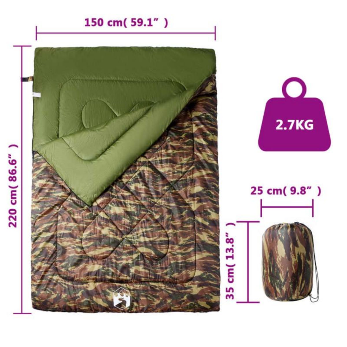 VIDAXL Sac de couchage double et oreillers adultes camping 3 4 saisons