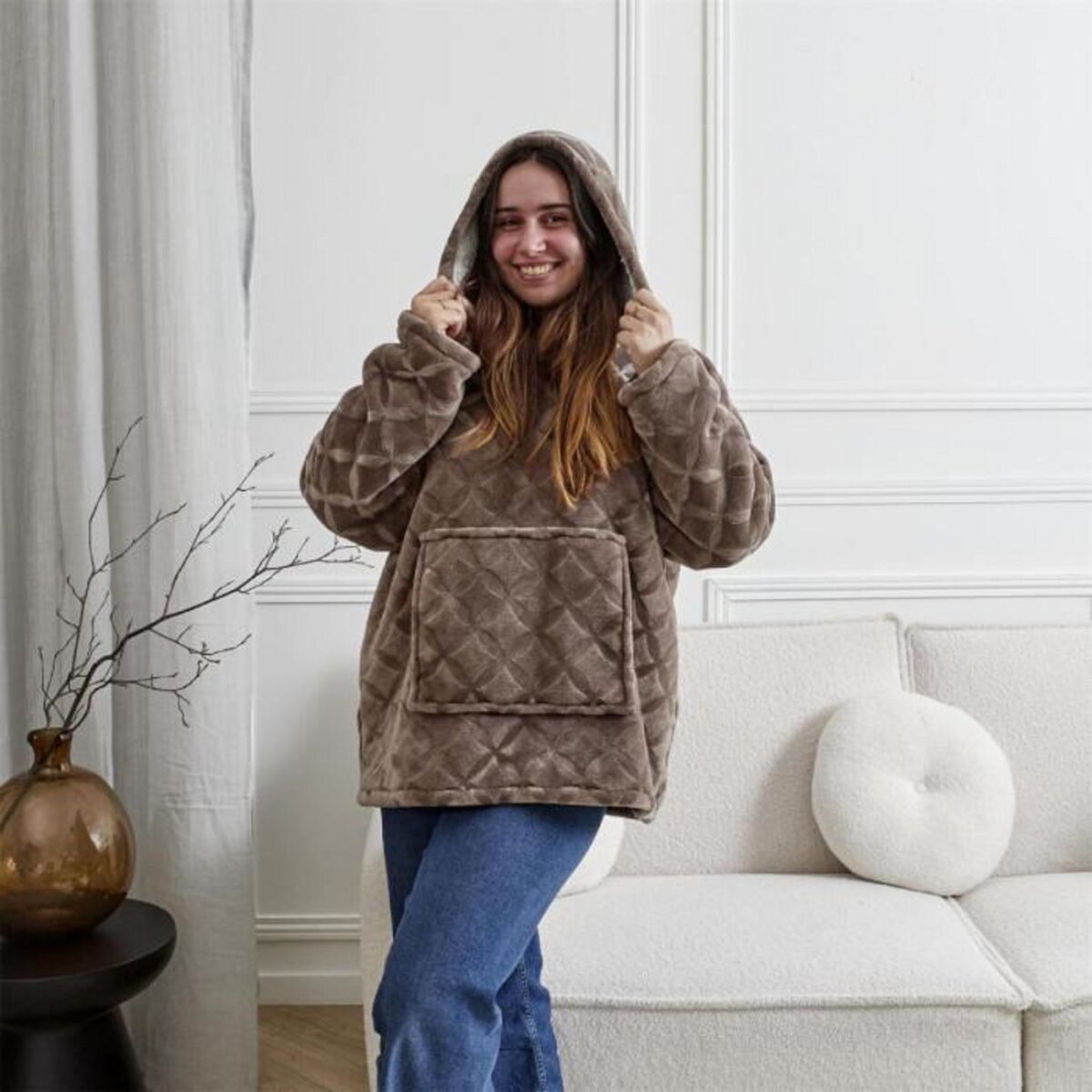 Paris Prix Plaid Sweat à Capuche  Embosse  85x118cm Marron