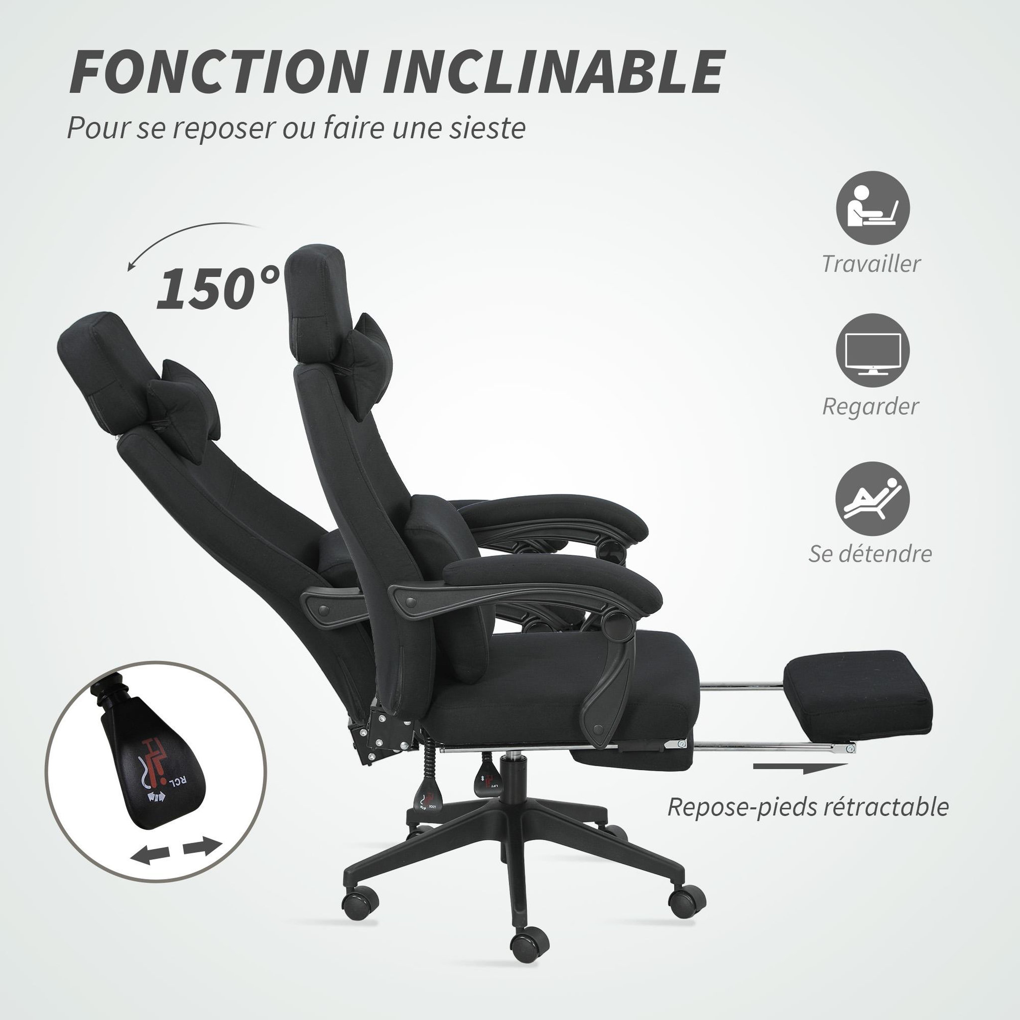 Voir la diapositive 4 : VINSETTO Fauteuil de bureau manager grand confort dossier réglable repose-pied coussin lombaire roulettes 360° lin 62L x 68P x 127H cm noir