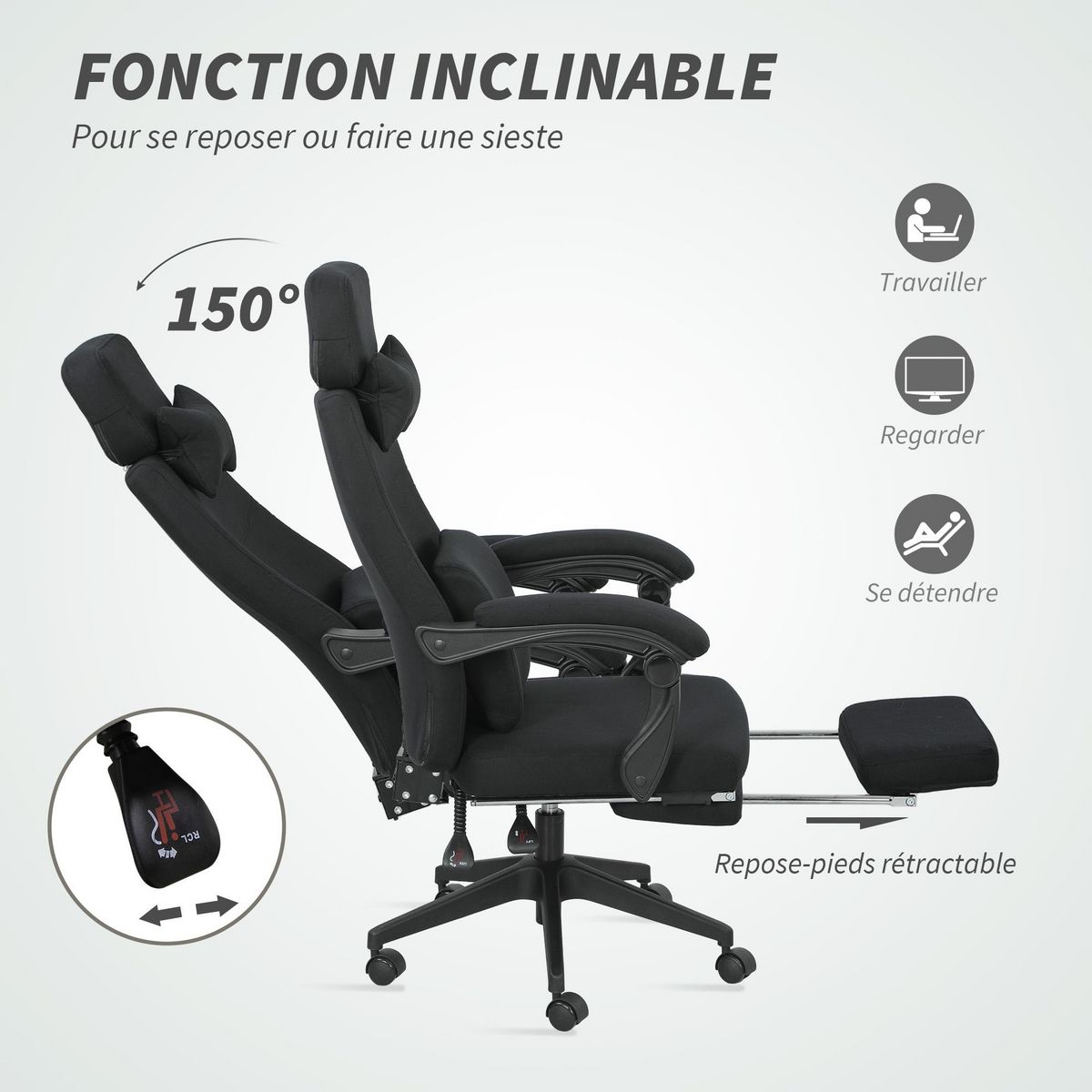 VINSETTO Fauteuil de bureau manager grand confort dossier réglable repose-pied coussin lombaire roulettes 360° lin 62L x 68P x 127H cm noir