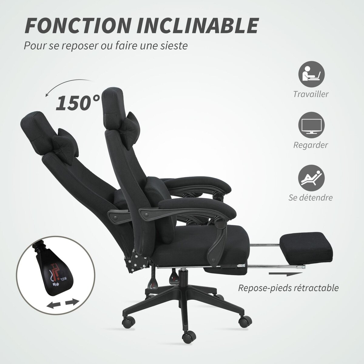 VINSETTO Fauteuil de bureau manager grand confort dossier réglable repose-pied coussin lombaire roulettes 360° lin 62L x 68P x 127H cm noir