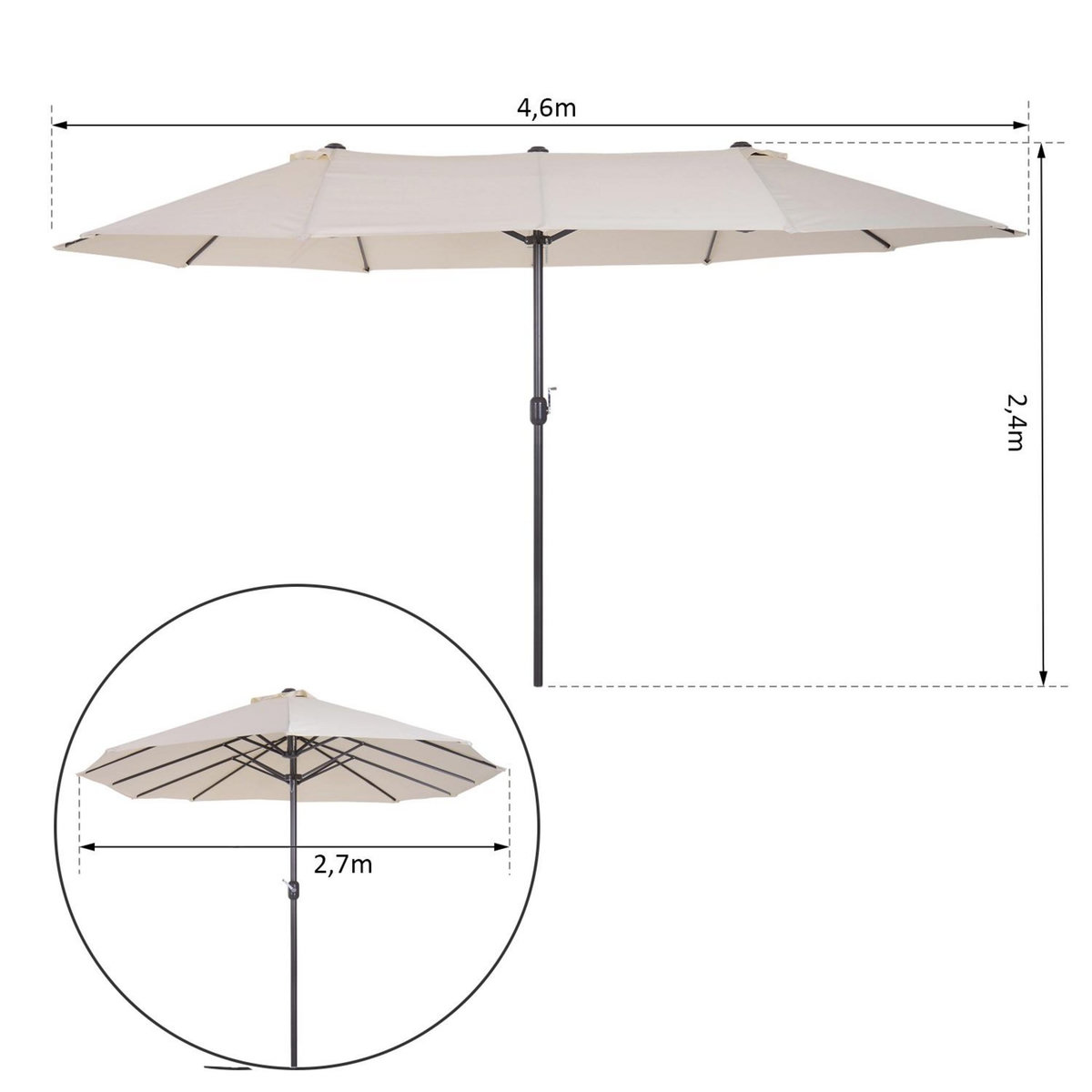 OUTSUNNY Parasol de jardin XXL parasol grande taille 4,6L x 2,7l x 2,4H m ouverture fermeture manivelle acier polyester haute densité crème