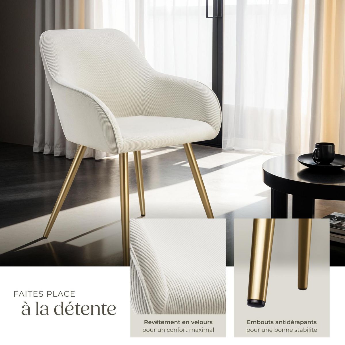 tectake Chaise de salle à manger rembourrée en velours côtelé crème/or Lot de 6