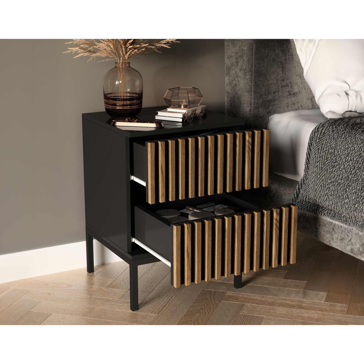 BEST MOBILIER Savanna - table de chevet - effet bois et noir - 40 cm