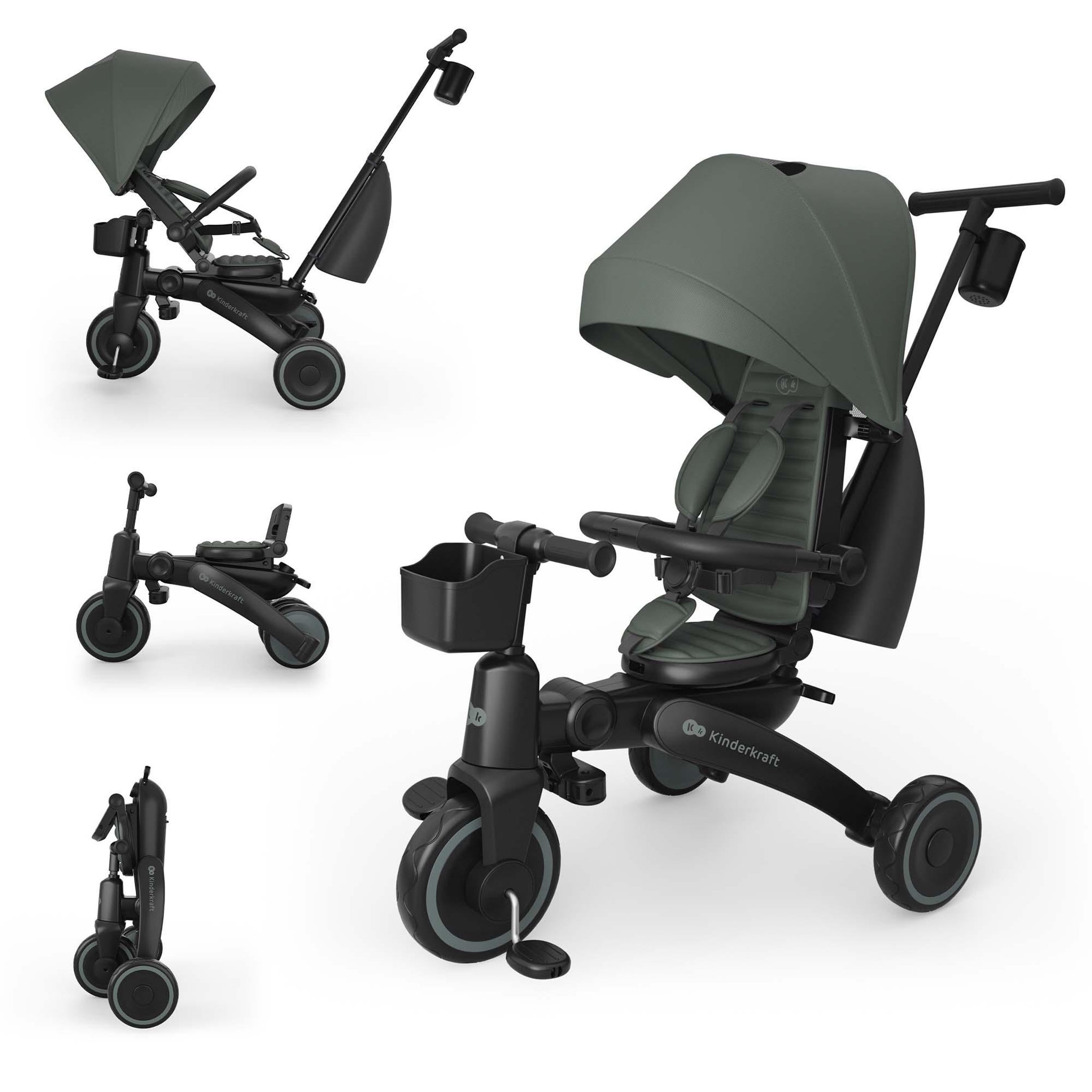 KINDERKRAFT Tricycle Kinderkraft JAZZ 3 pliant 6-en-1, siège pivotant, position semi-allongée, mode draisienne, capote UPF50+, Vert