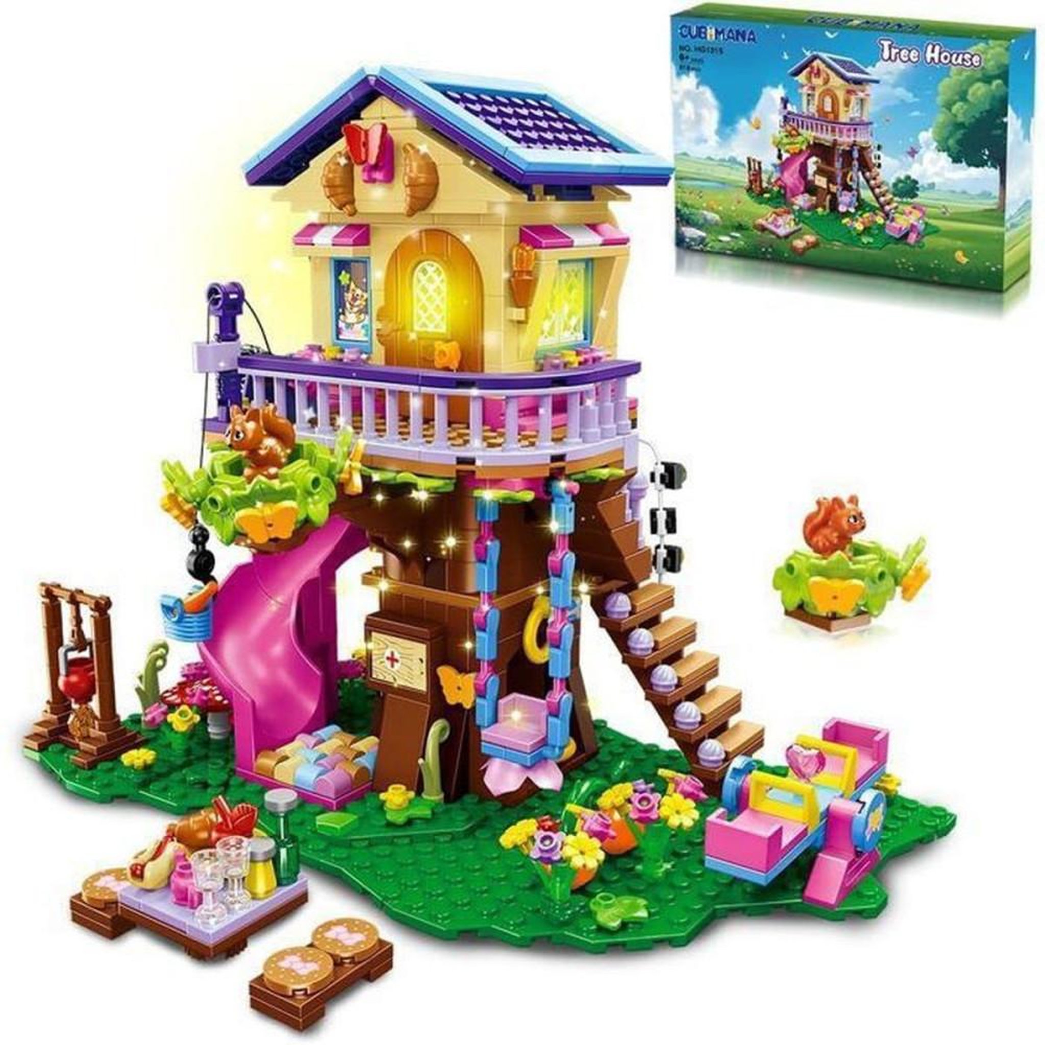 Kit de construction cabane dans les arbres 3 étages avec LED, toboggan et accessoires, 618 pièces, pour enfants dès 8 ans
