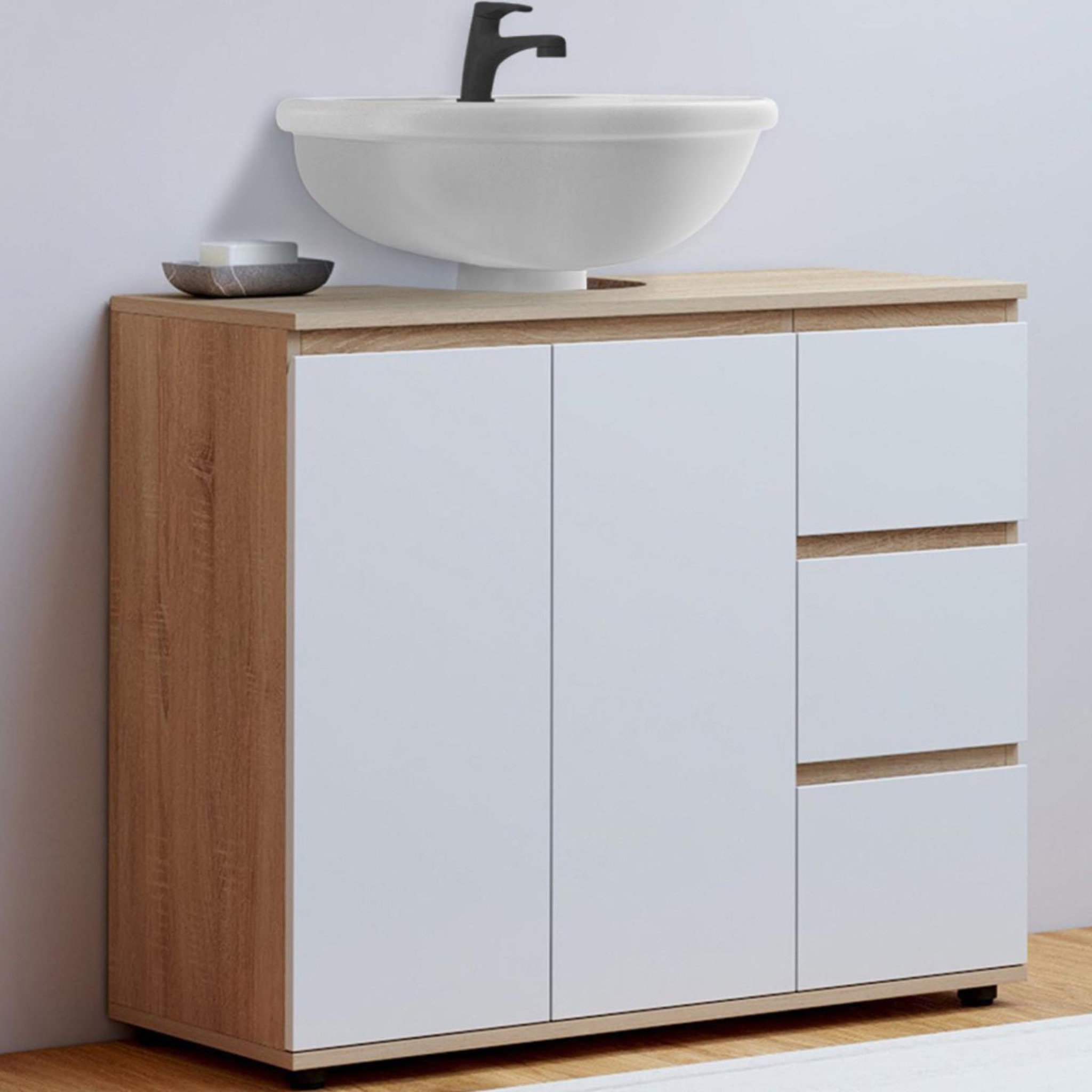 Voir la diapositive 2 : ID MARKET Meuble sous lavabo salle de bain tomi avec placard et 3 tiroirs façon hêtre et blanc