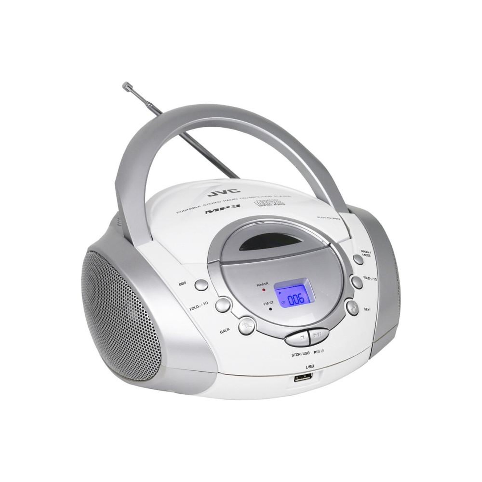 Voir la diapositive 2 : JVC Radio CD stéréo argent RD-F321W avec lecture CD MP3, tuner FM/AM analogique, port USB et entrée AUX