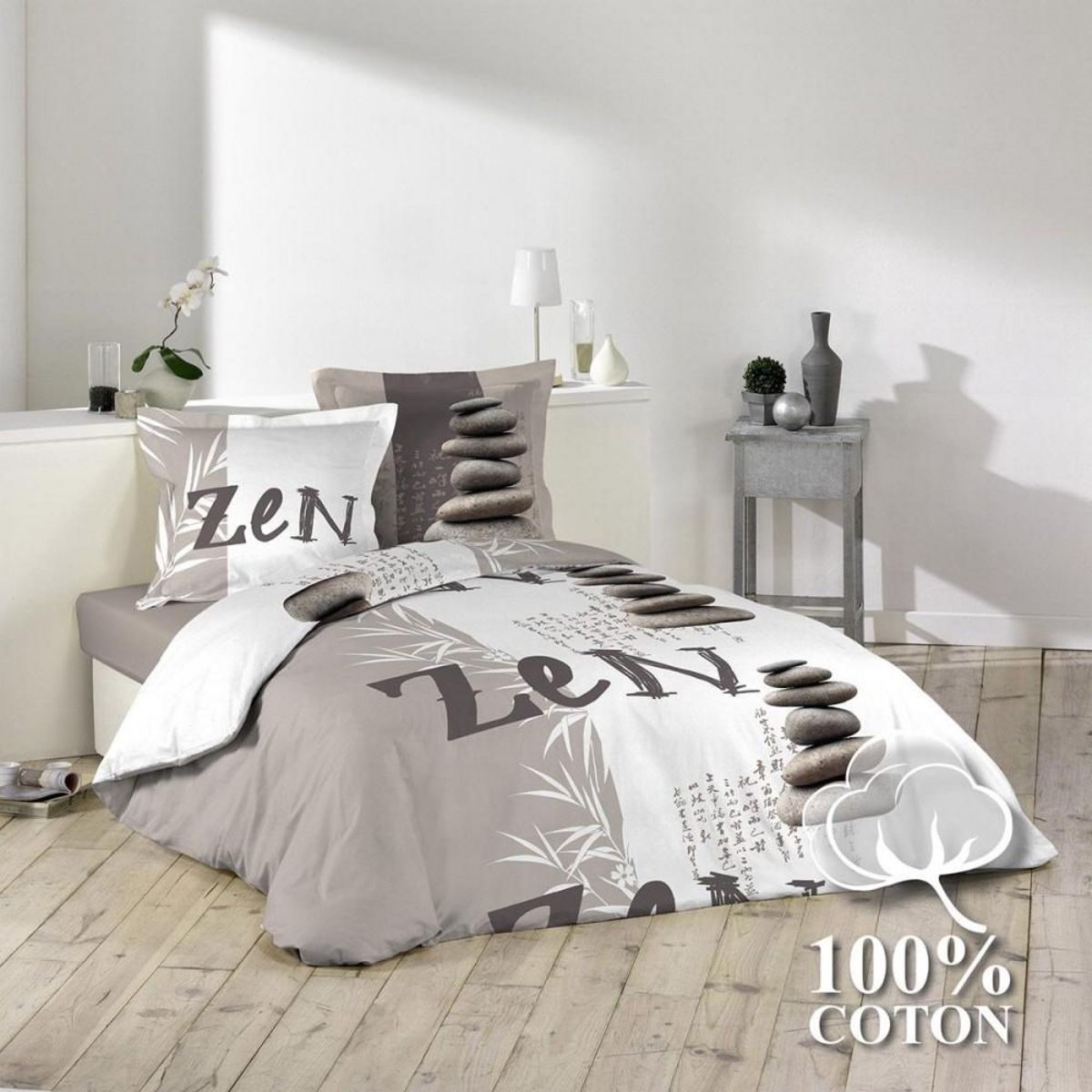 Douceur d'Intérieur Housse de couette 240x220 + 2 taies Galets Zen coton 42 fils