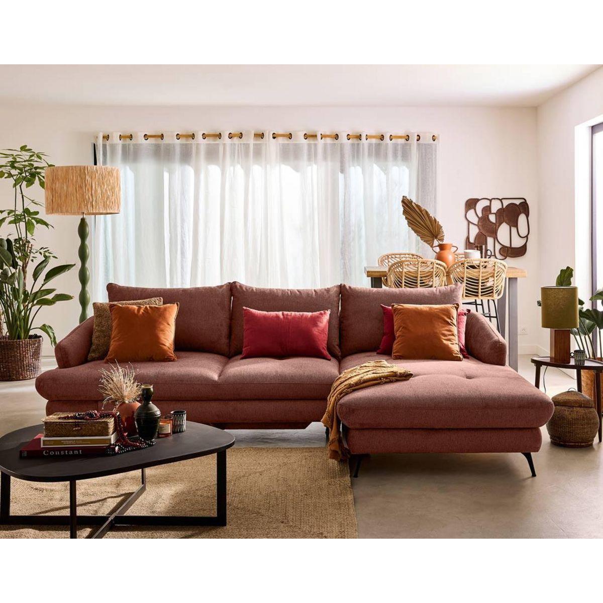 LISA DESIGN Ninon - canapé d'angle droit 4 places convertible avec coffre en tissu texturé