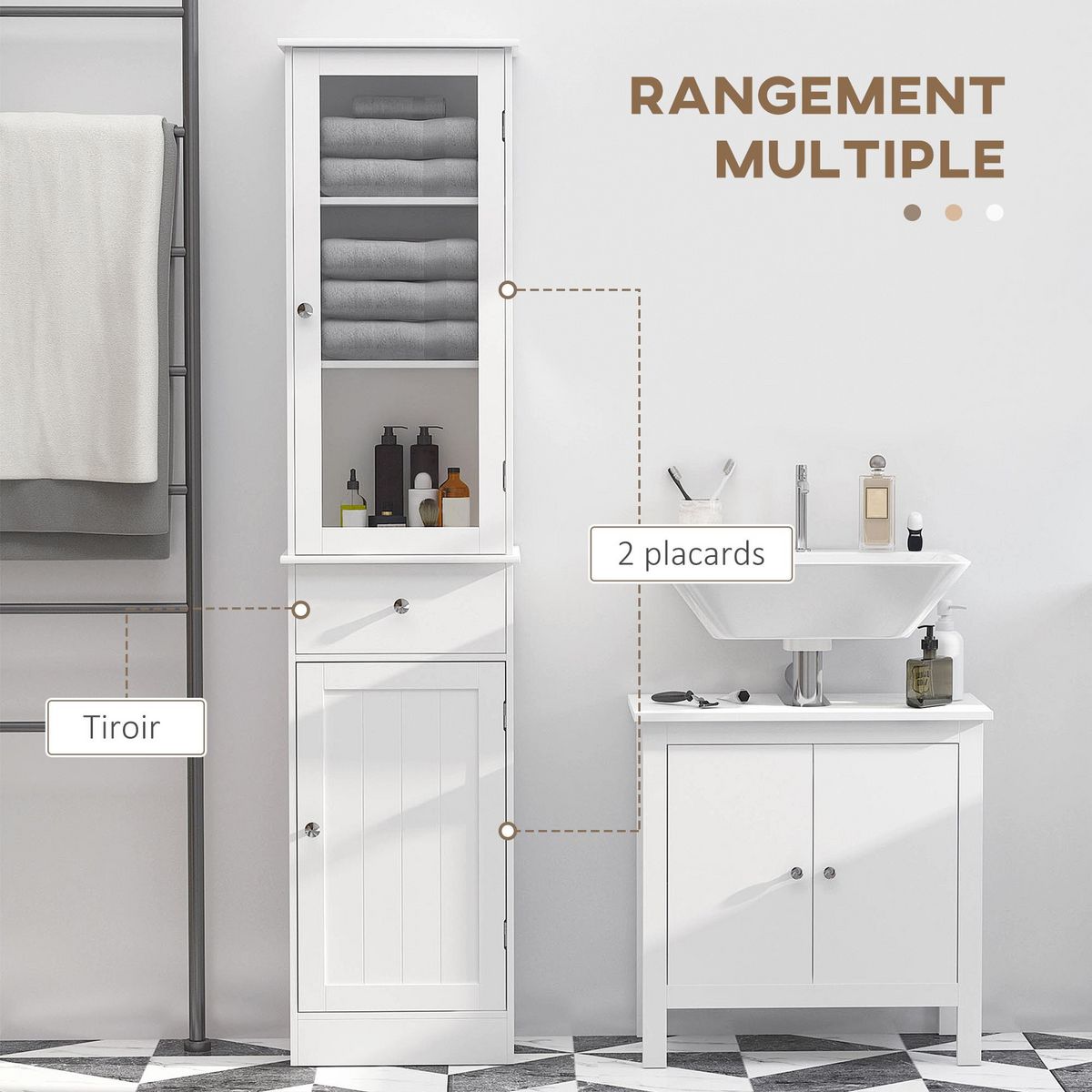 KLEANKIN Meuble colonne de salle de bain placard porte acrylique 2 étagères placard porte 1 étagère tiroir MDF blanc