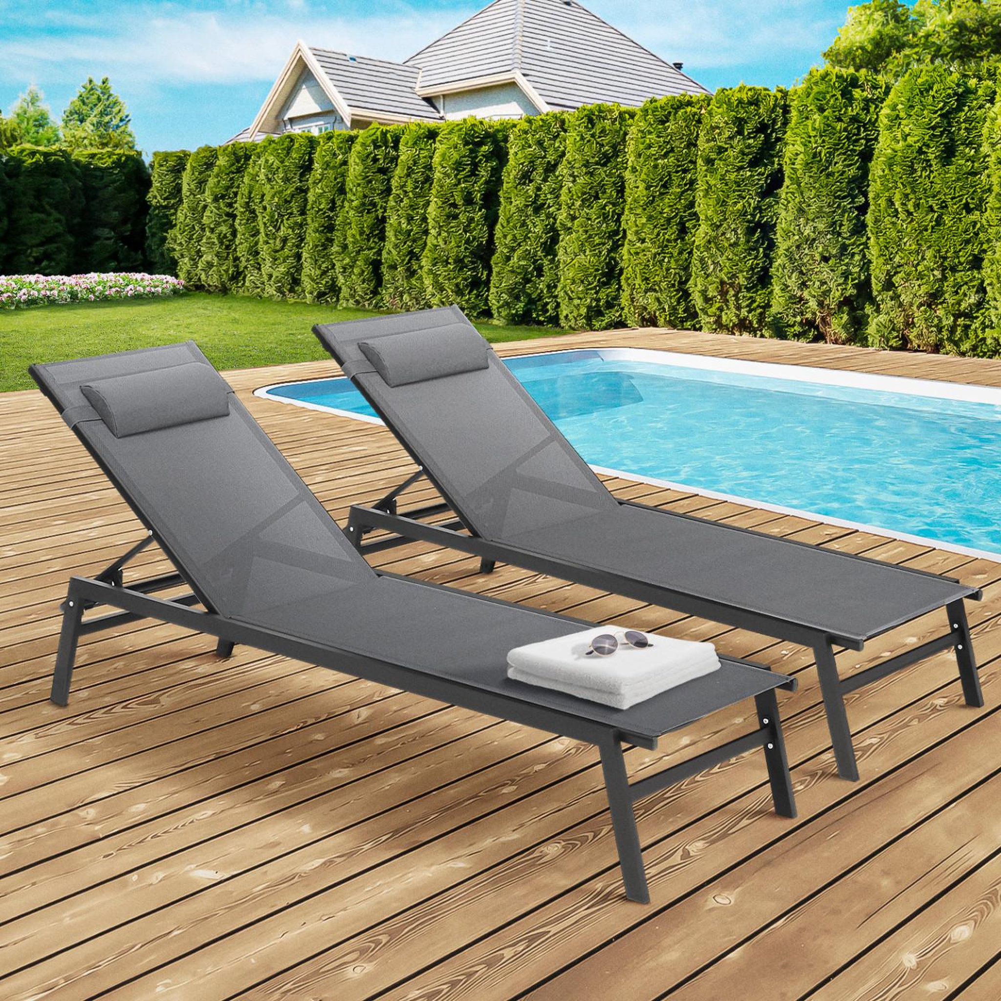 Voir la diapositive 2 : ID MARKET Lot de 2 transats de jardin inclinables en aluminium SINTRA gris anthracite et noir