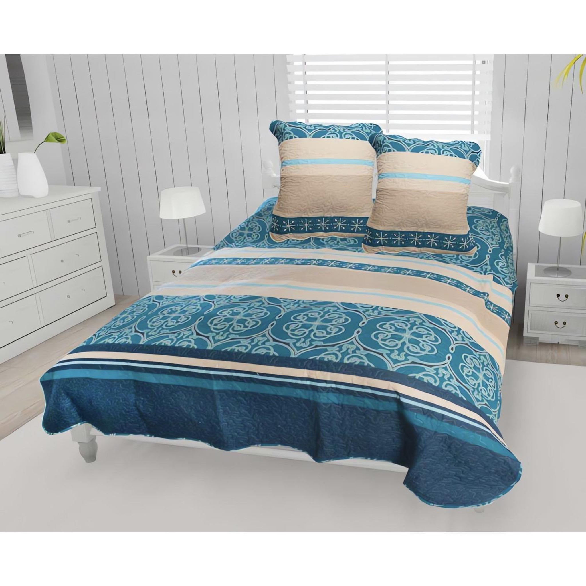SOLEIL D'OCRE Couvre-lit boutis coton 220x240 cm ANNA avec 2 taies d'oreiller