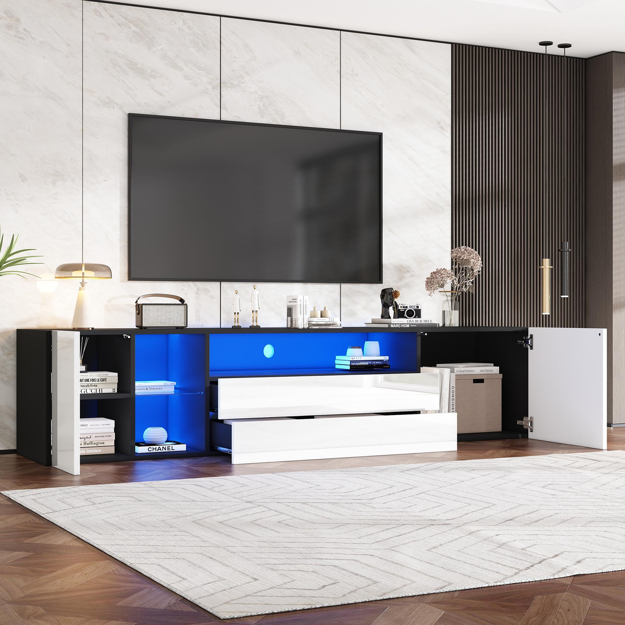 Voir la diapositive 5 : MERAX Meuble tv noir+blanc 180cm led panneau de particules