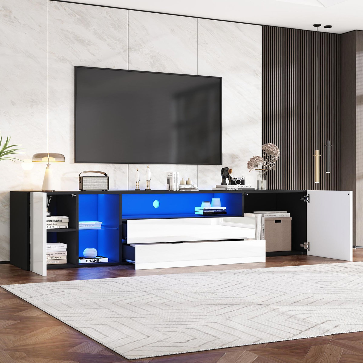 MERAX Meuble tv noir+blanc 180cm led panneau de particules