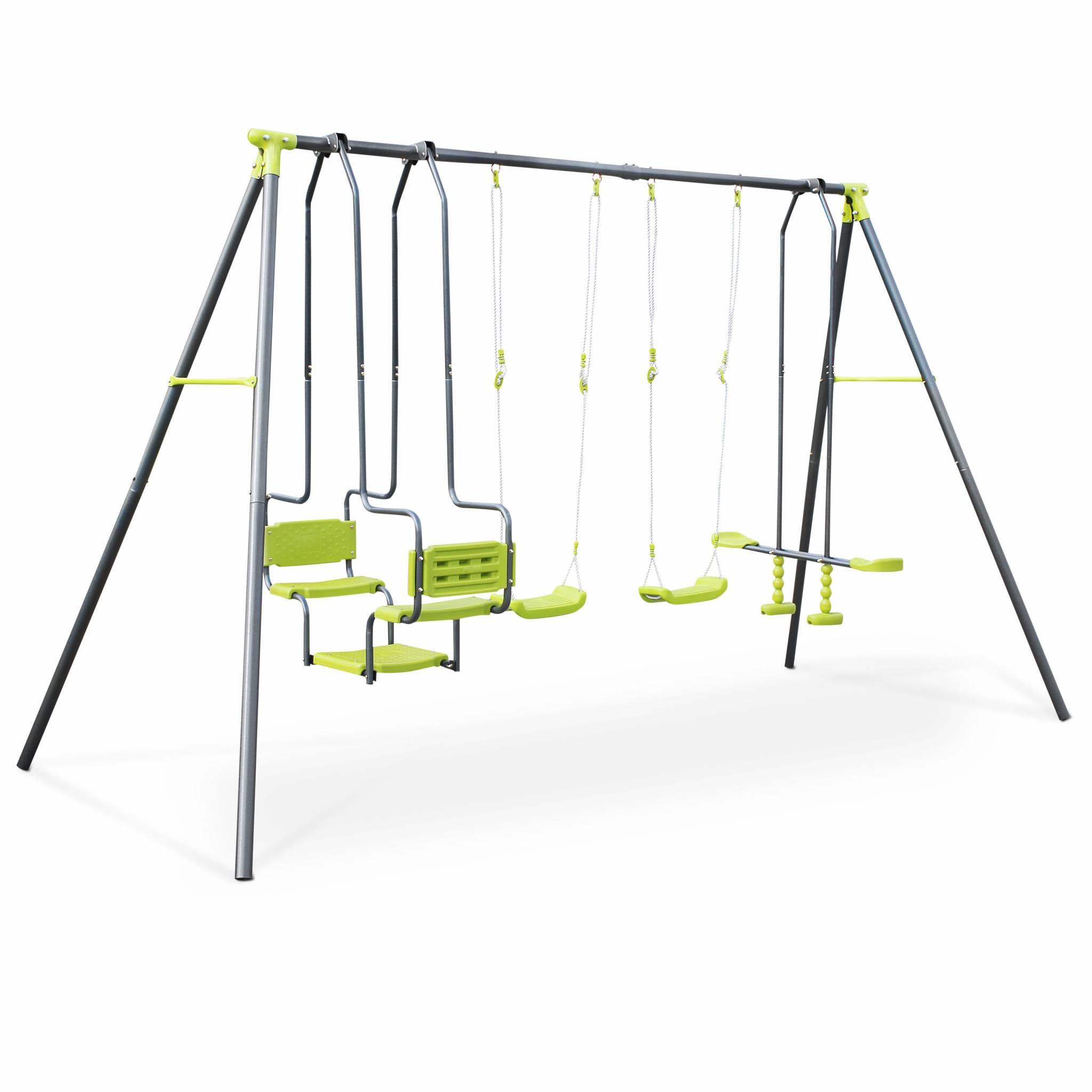 Voir la diapositive 1 : SWEEEK Balançoire 4 agrès Meltemi. portique 6 places avec 2 balançoires. 1 face à face et 1 nacelle. 223cm de hauteur. station de jeux extérieure