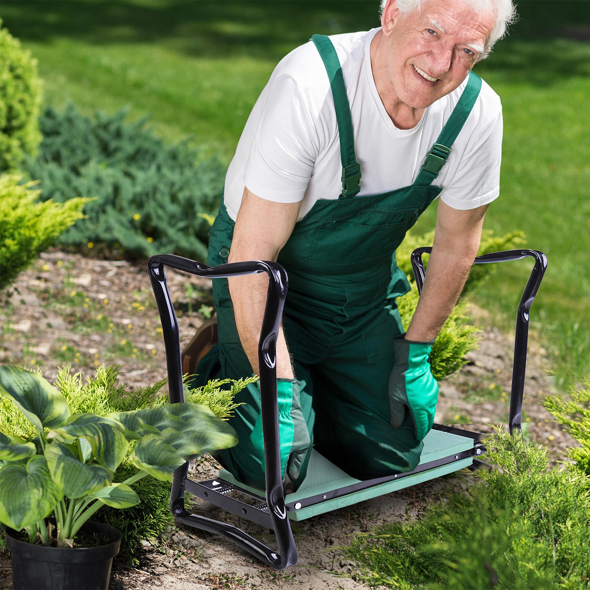 Voir la diapositive 2 : OUTSUNNY Tabouret de jardin pliable agenouilloir de jardin siège jardinage avec coussin acier EVA noir vert