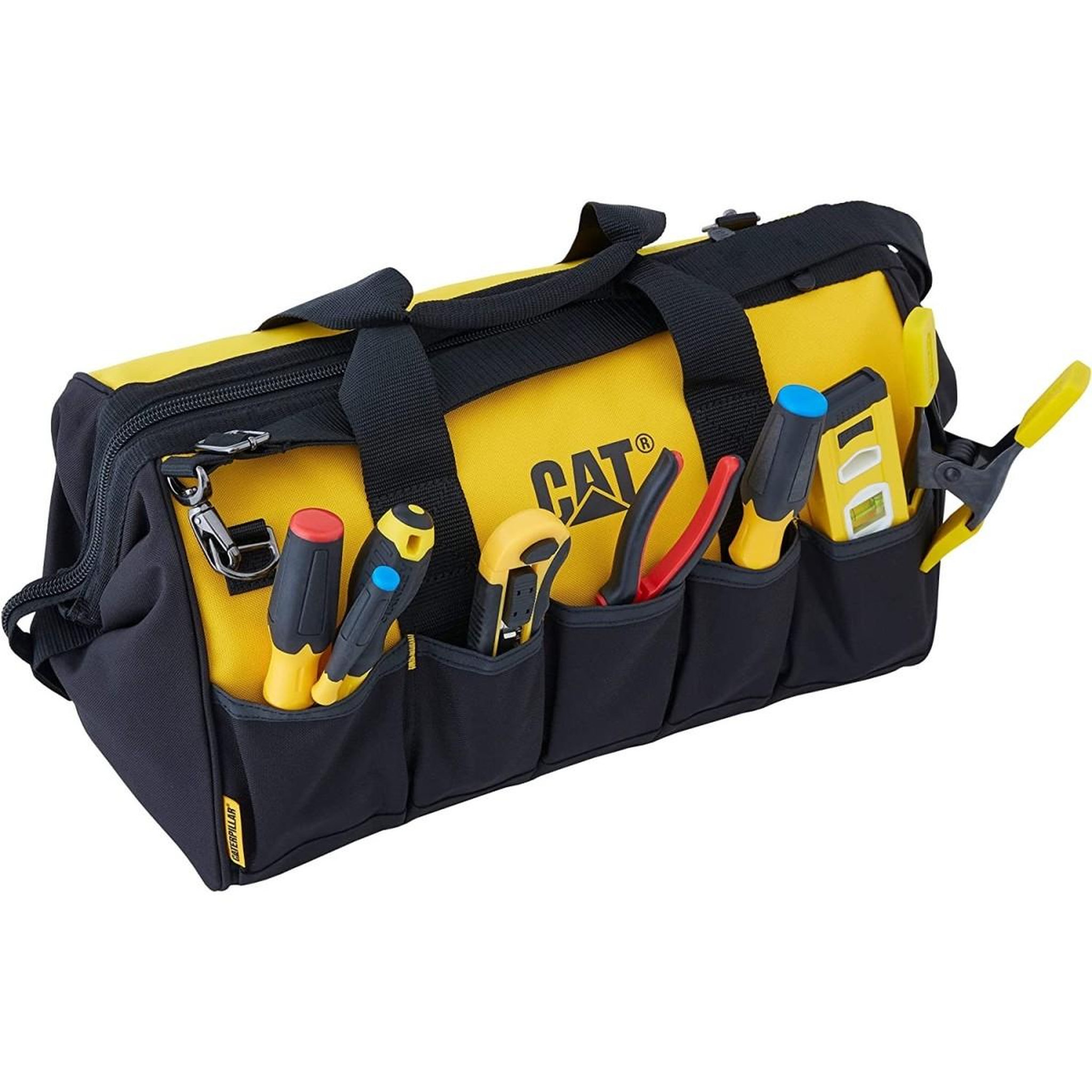 Voir la diapositive 6 : caterpillar Sac à outils 28Litres 10 poches ext. Fond renforcé Bandoulière réglable Sac de chantier CAT