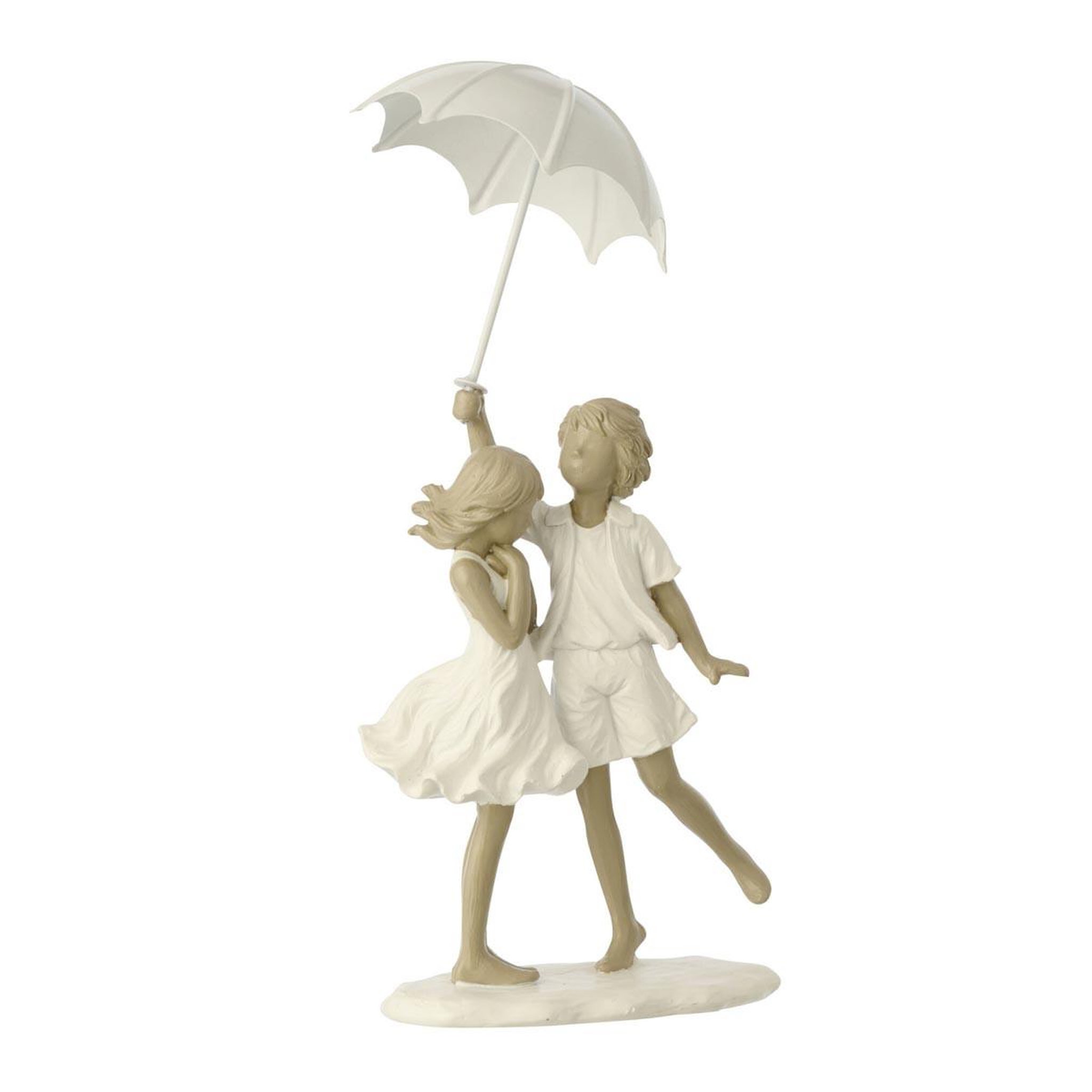 J-LINE Statuette déco enfants au parapluie  complices  17cm blanc