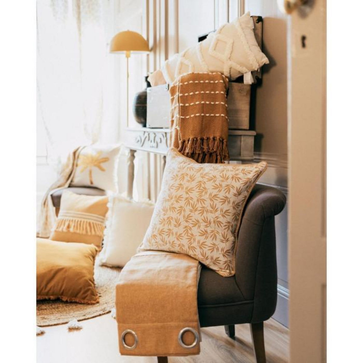 Paris Prix Coussin Déco Franges  Janara  45x45cm Ocre