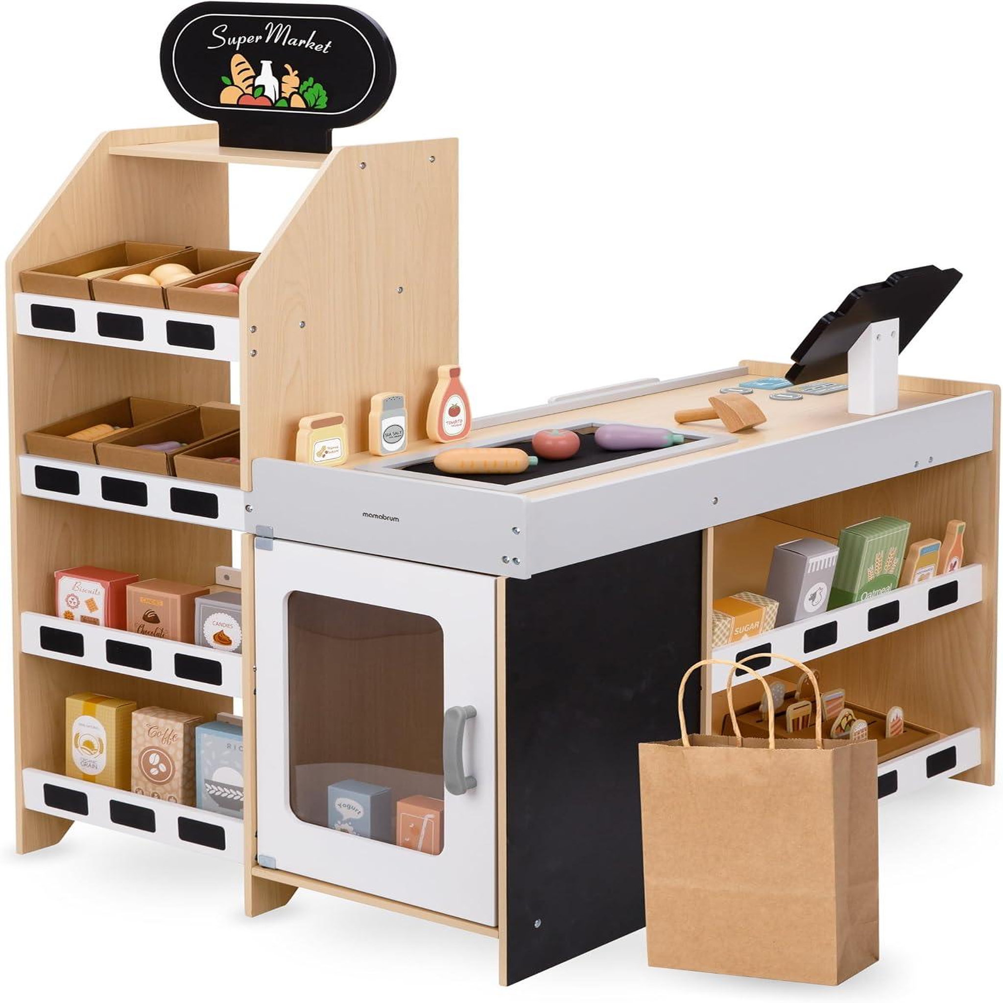 Voir la diapositive 5 : MAMABRUM Marchande en Bois Stand de Jeu Éducatif pour Enfants avec Accessoires, Fruits & Légumes