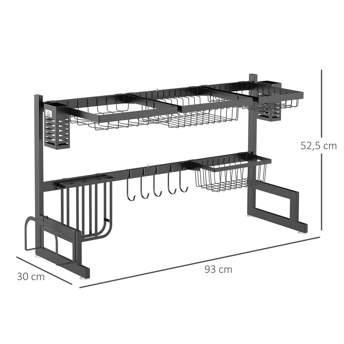 HOMCOM Égouttoir à vaiselle - organiseur d'évier - 8 espaces de séchage - pieds ventouses - acier inox. noir