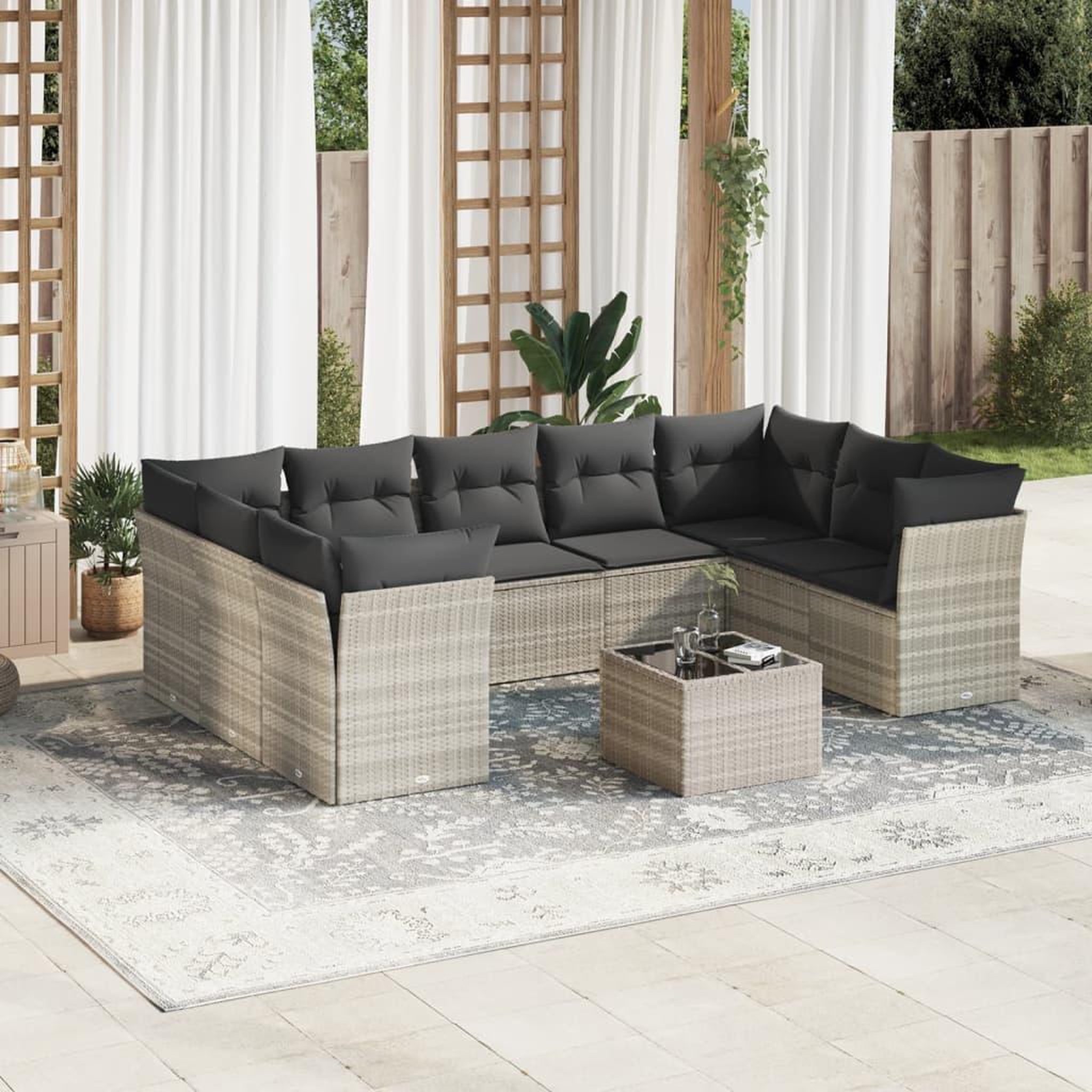 VIDAXL Salon de jardin avec coussins 10 pcs gris clair resine tressee