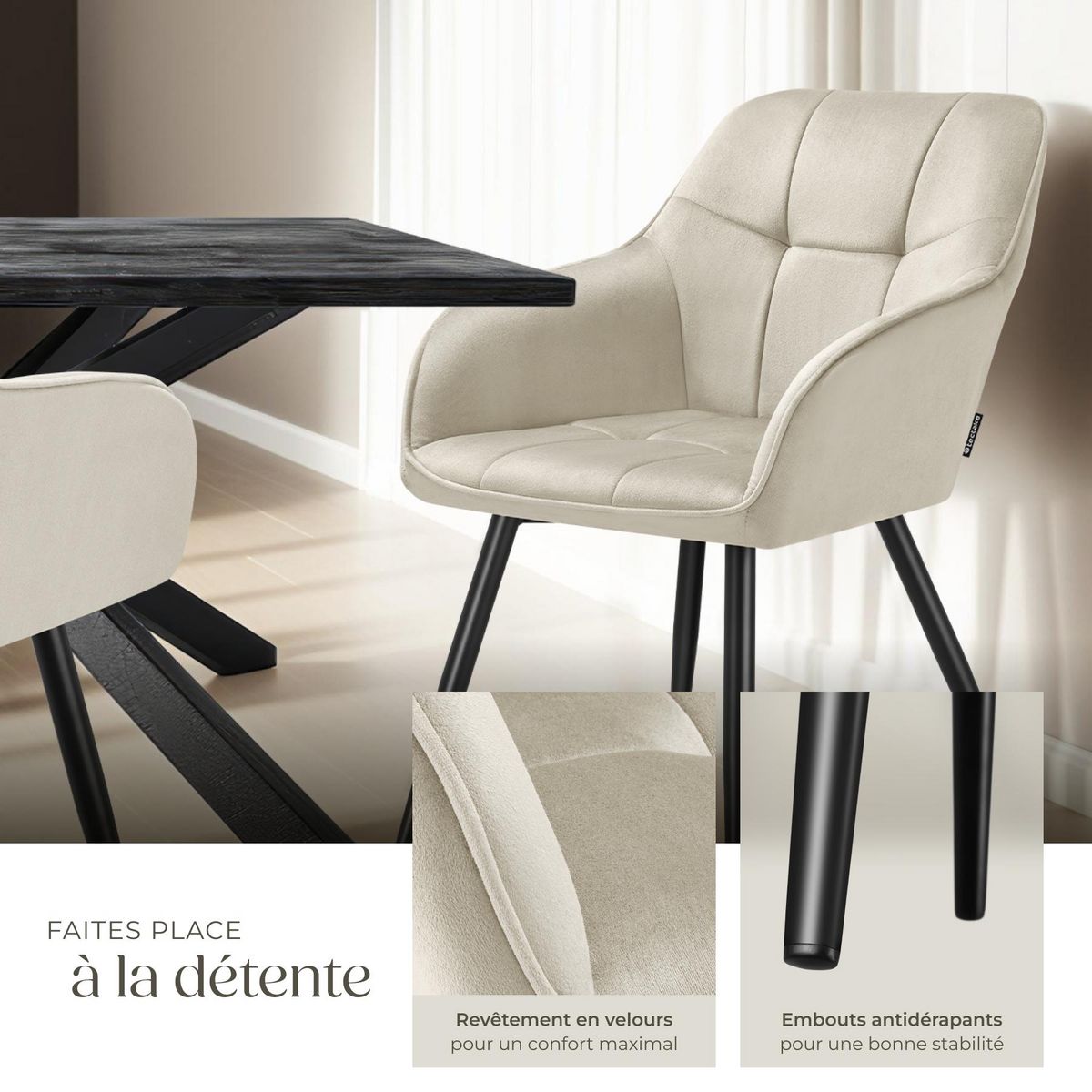 tectake Chaise de salle à manger rembourrée et en velours matelassé crème/noir Lot de 2