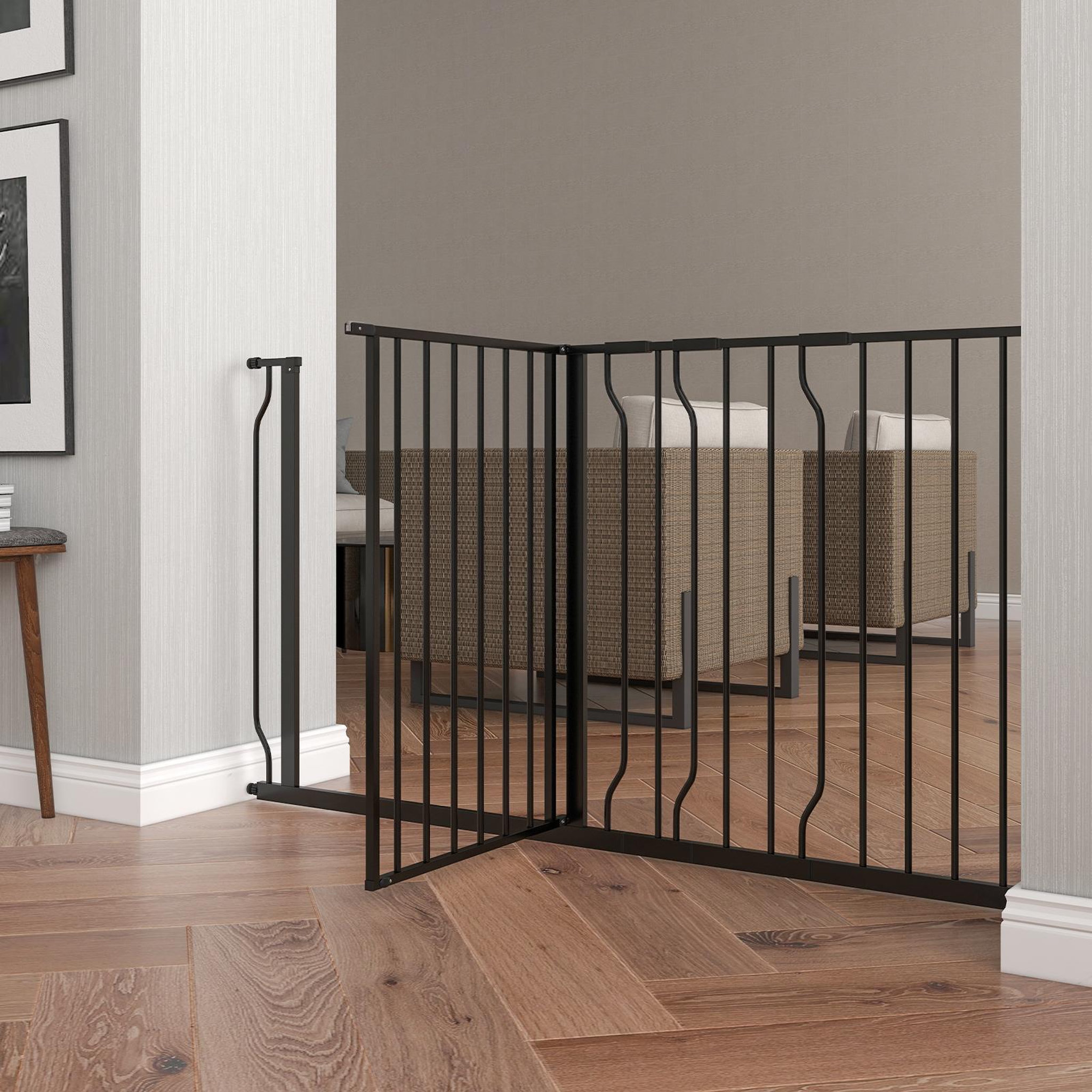 Voir la diapositive 2 : PAWHUT Barrière de sécurité animaux - longueur réglable dim. 75-145 cm - porte double verrouillage, ouverture double sens -sans perçage - acier abs noir