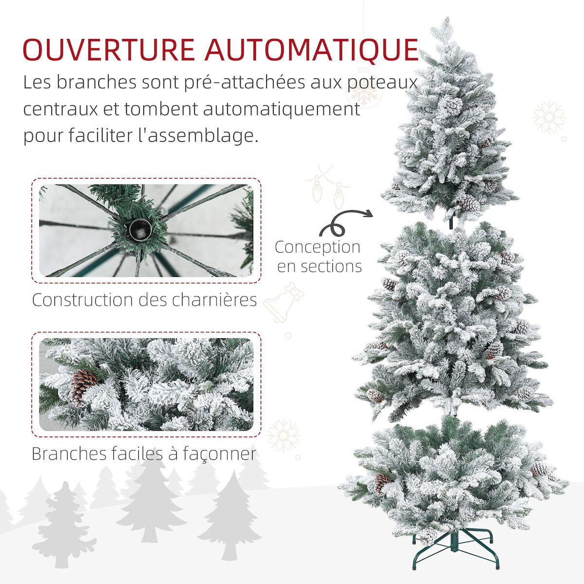 HOMCOM Sapin de Noël artificiel H.180 cm 1489 branches enneigées 33 pommes de pin métal PVC PE vert blanc