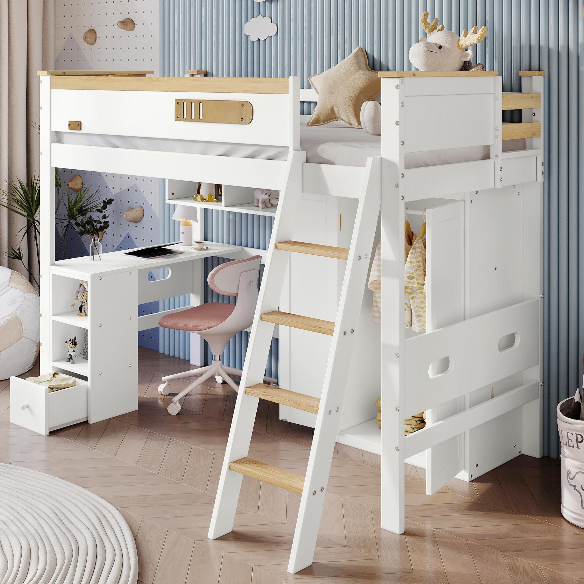 Voir la diapositive 5 : MERAX Lit combiné enfant 90x200cm bois et mdf coloris blanc+naturel