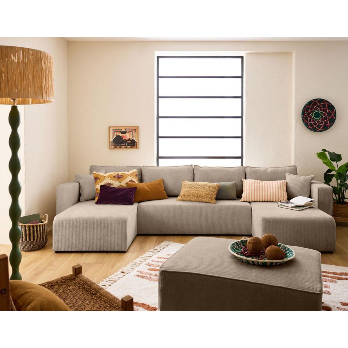 BEST MOBILIER Topaze - canapé panoramique en u - 7 places - convertible avec coffre - en velours côtelé plat