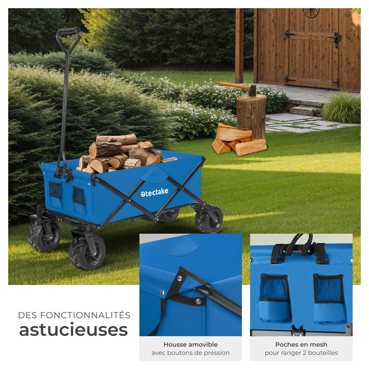 tectake Chariot de jardin et de transport pliable bleu