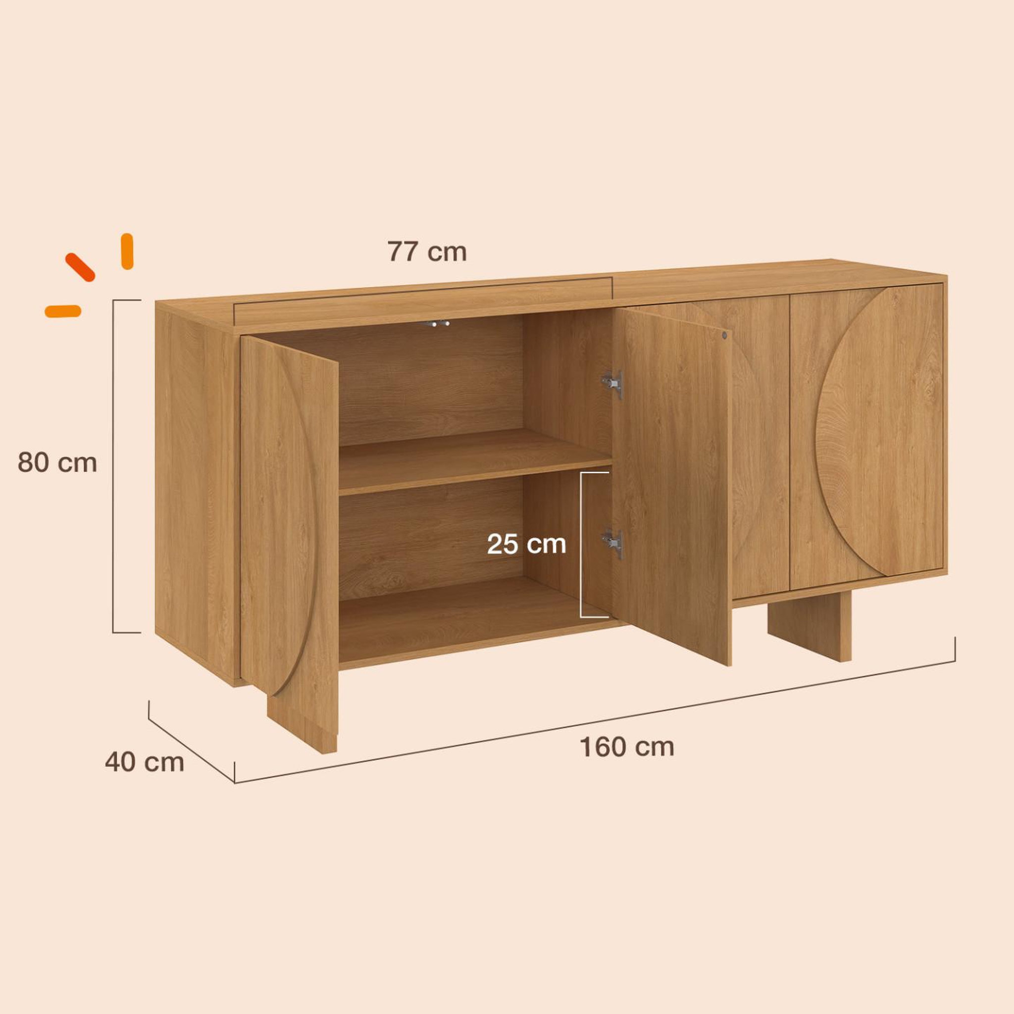 Voir la diapositive 5 : ID MARKET Buffet 160 cm ARVIN 4 portes avec reliefs arrondis bois clair