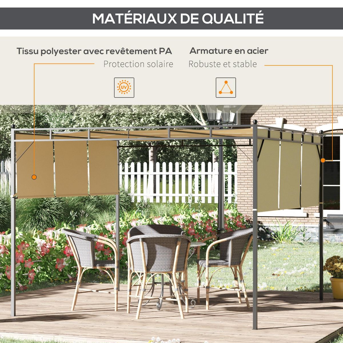 OUTSUNNY Pergola rétractable dim. 3L x 3l x 2,2H m structure acier époxy anticorrosion noir triple toile polyester haute densité beige