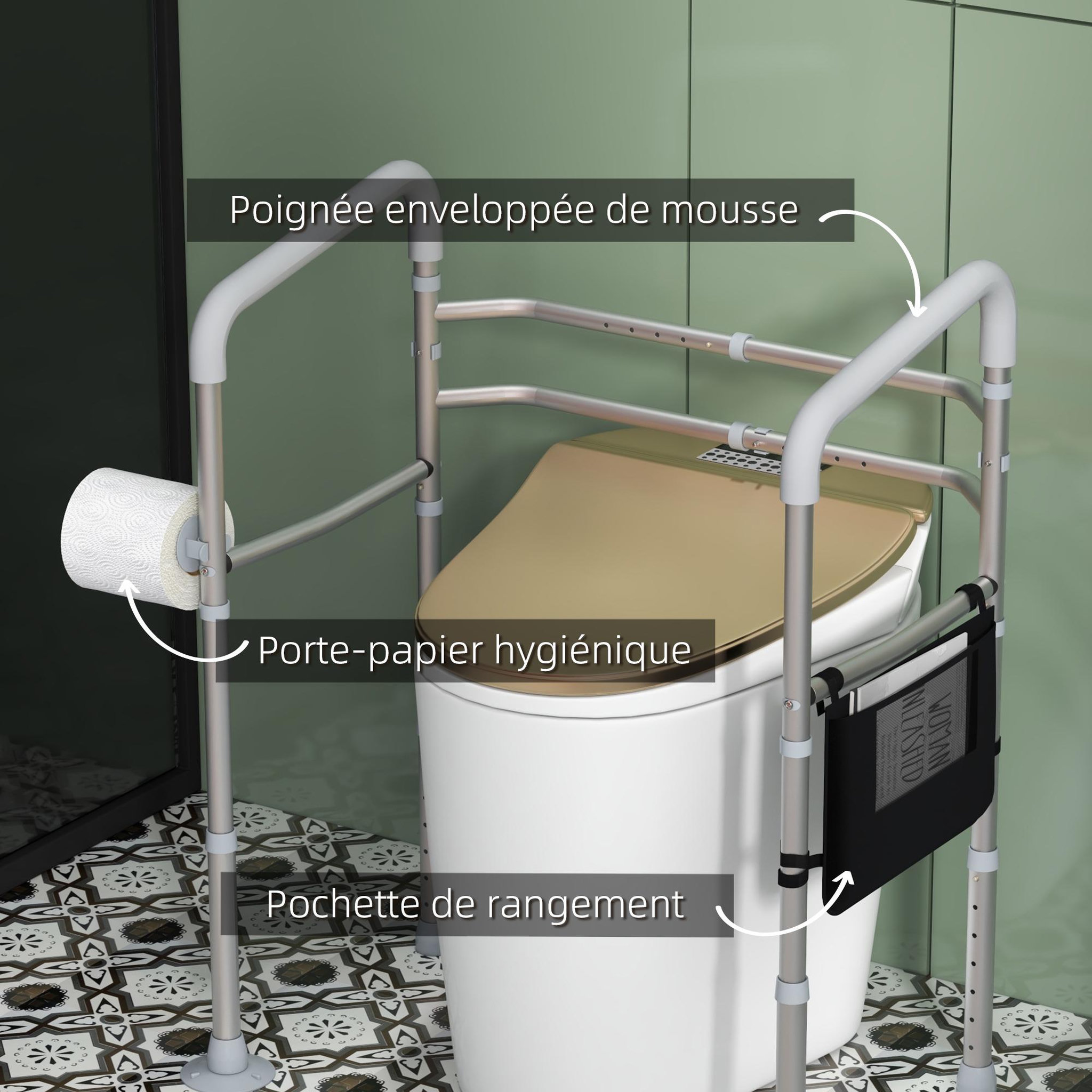 Voir la diapositive 6 : HOMCOM Cadre de sécurité de toilettes - cadre de toilettes réglable - barres d'appui rembourrées pour toilettes - alu. EVA gris