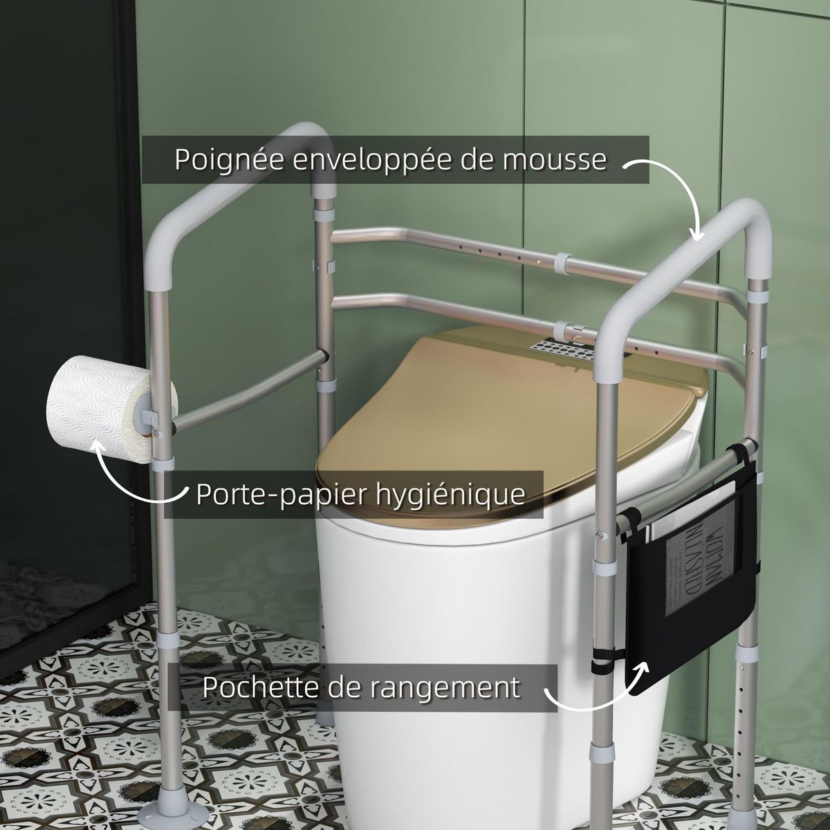HOMCOM Cadre de sécurité de toilettes - cadre de toilettes réglable - barres d'appui rembourrées pour toilettes - alu. EVA gris