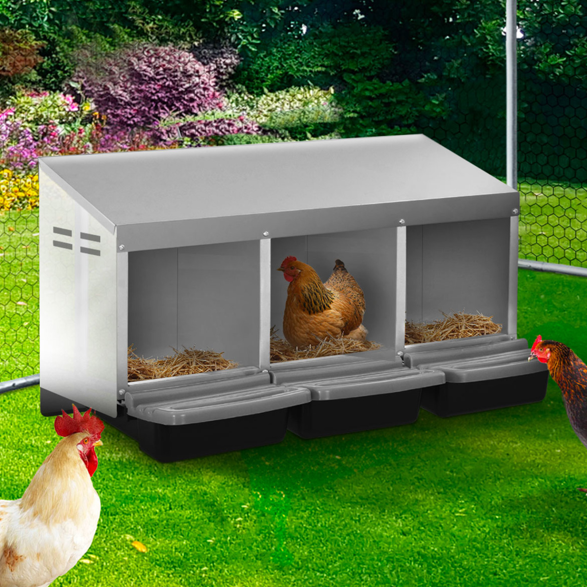 Voir la diapositive 2 : ID MARKET Pondoir pour poules 3 emplacements nichoir en métal avec fond