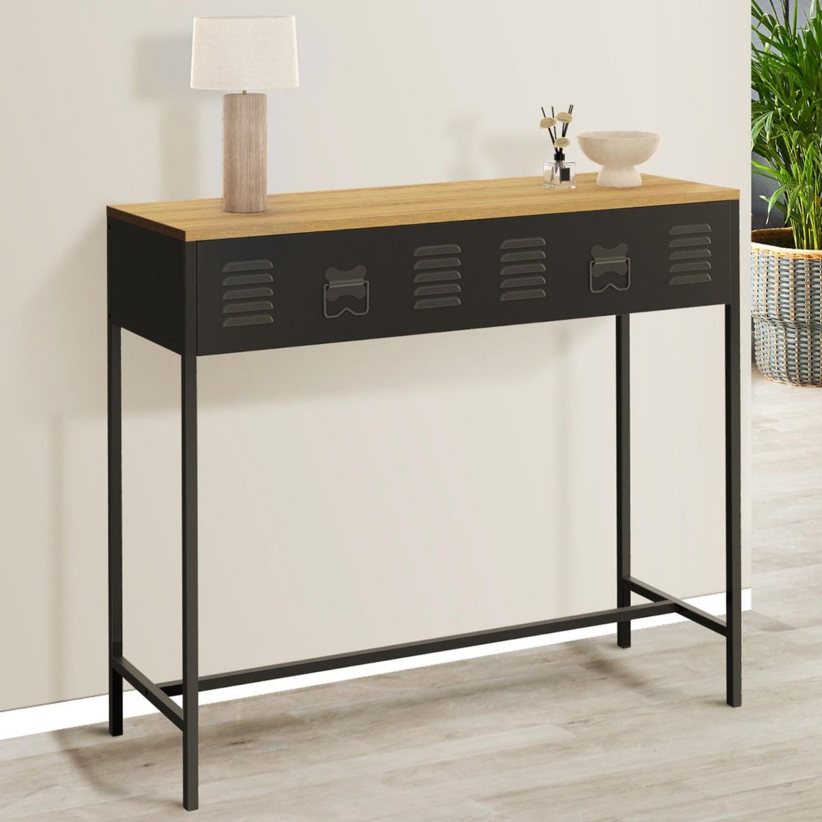 ID MARKET Console 1 tiroir ESTER métal noir plateau bois design industriel