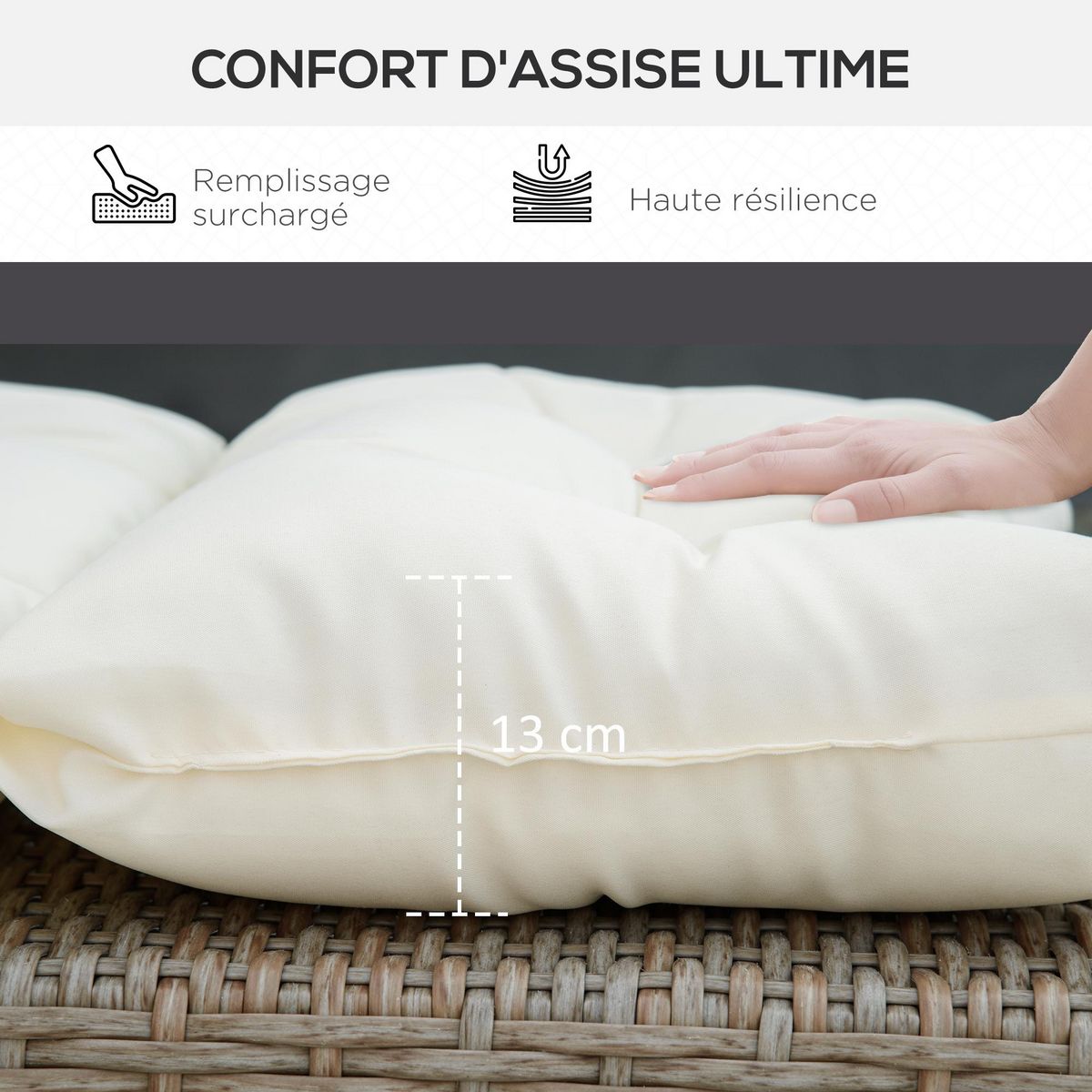 OUTSUNNY Coussin bain de soleil - coussin matelassé chaise longue - dim. 200L x 60l cm - ép. 13 cm - attaches - polyester crème