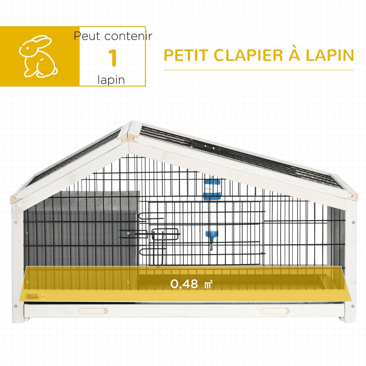 PAWHUT Clapier cage à lapin - niche, plateau déjection, porte et toit ouvrant verrouillables, abreuvoir - acier noir sapin gris blanc