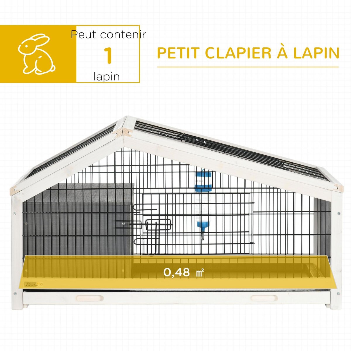 PAWHUT Clapier cage à lapin - niche, plateau déjection, porte et toit ouvrant verrouillables, abreuvoir - acier noir sapin gris blanc