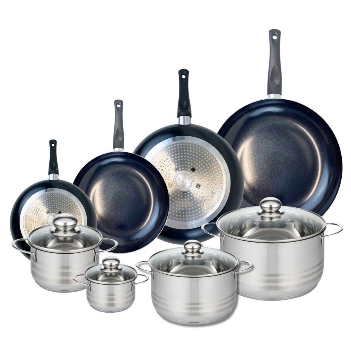 ELO Ensemble de 4 Poêles de cuisson 20, 24, 28 et 32 cm et 4 faitouts 12, 16, 20 et 24 cm Elo Prima Brillant