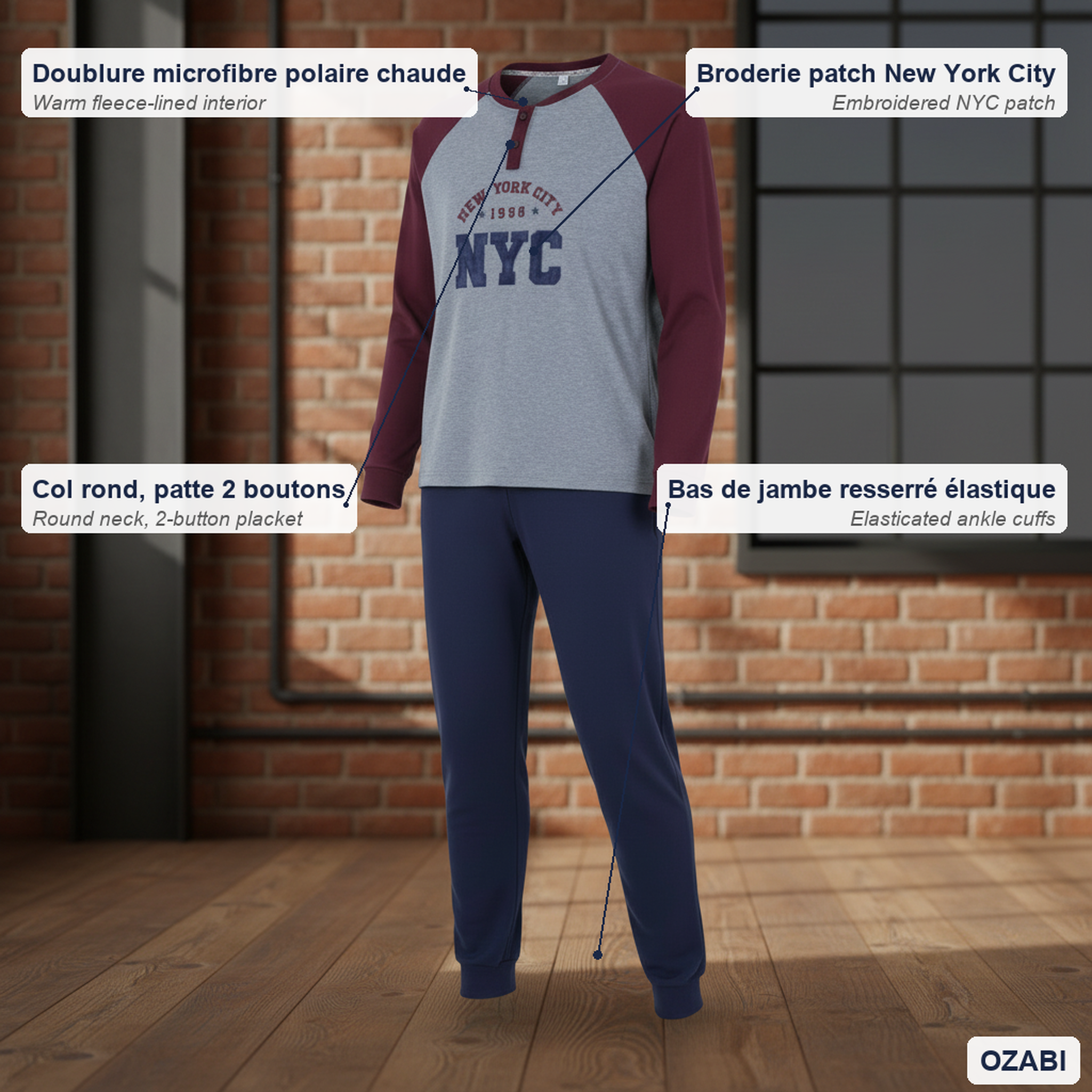Voir la diapositive 5 : OZABI Ozabi pyjama homme doublé polaire broderie new york city
