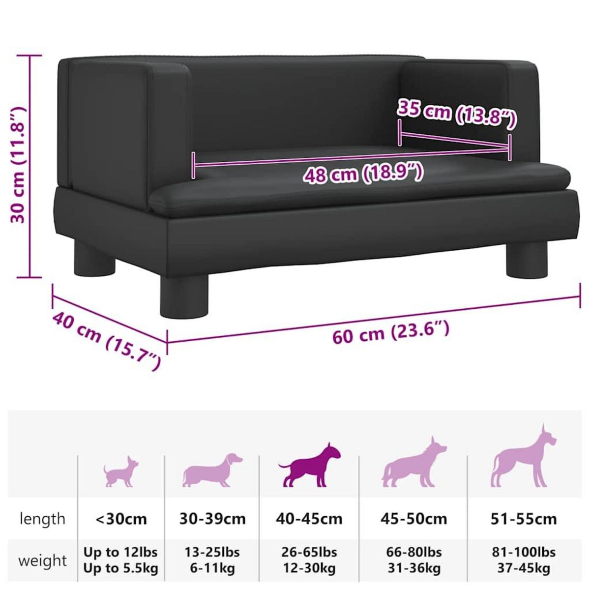 VIDAXL Lit pour chien noir 60x40x30 cm similicuir