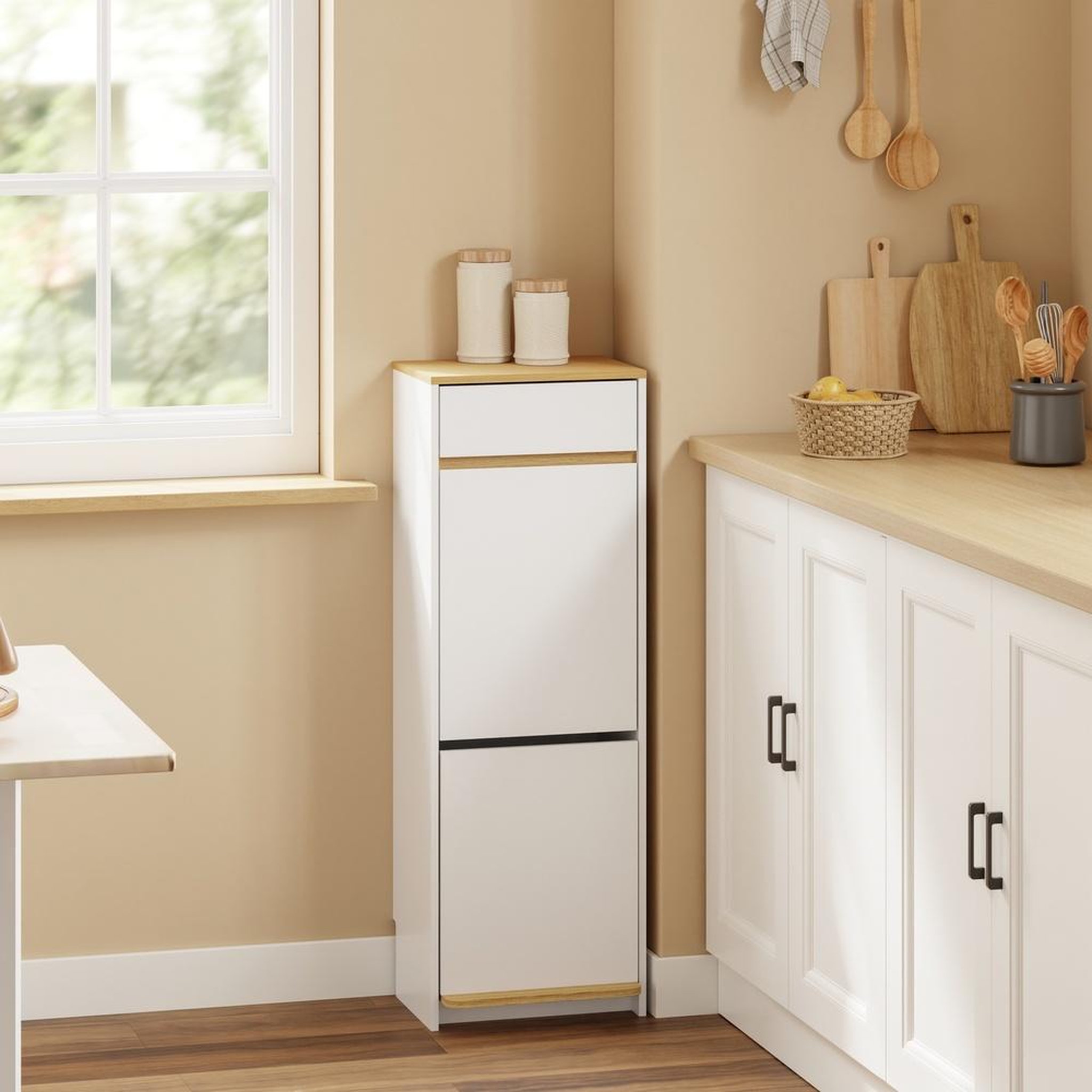 Voir la diapositive 2 : SOBUY Armoire à poubelles 2 compartiments avec pédale et tiroir, blanc, 35x25x101,7 cm