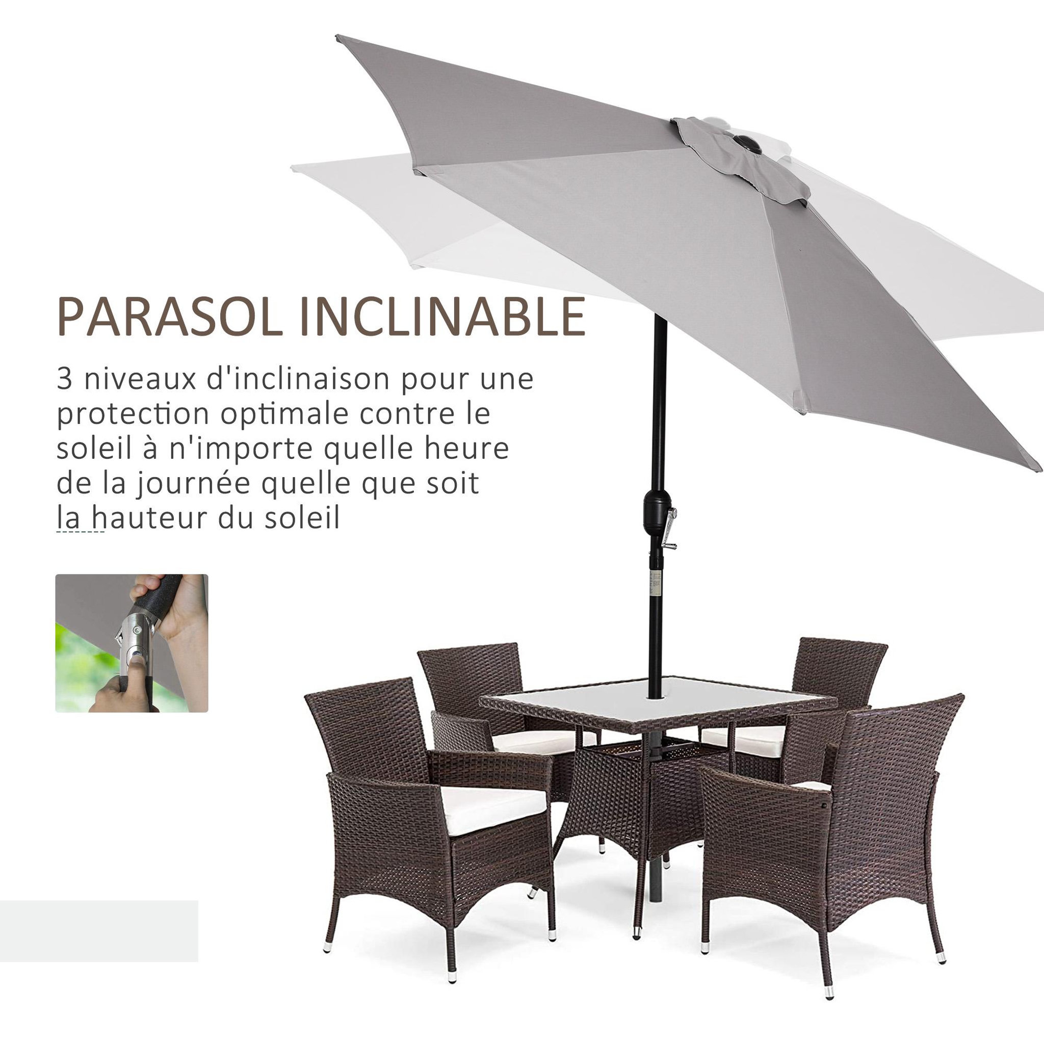 Voir la diapositive 5 : OUTSUNNY Parasol hexagonal inclinable dim. Ø 2,3 x 2,16H m métal polyester haute densité gris