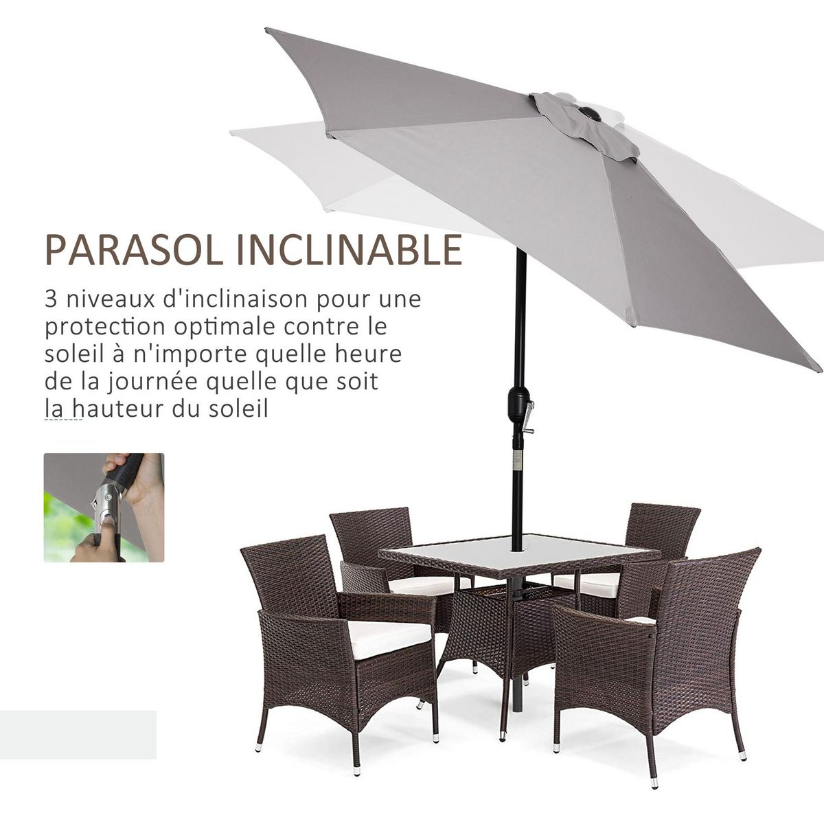 OUTSUNNY Parasol hexagonal inclinable dim. Ø 2,3 x 2,16H m métal polyester haute densité gris