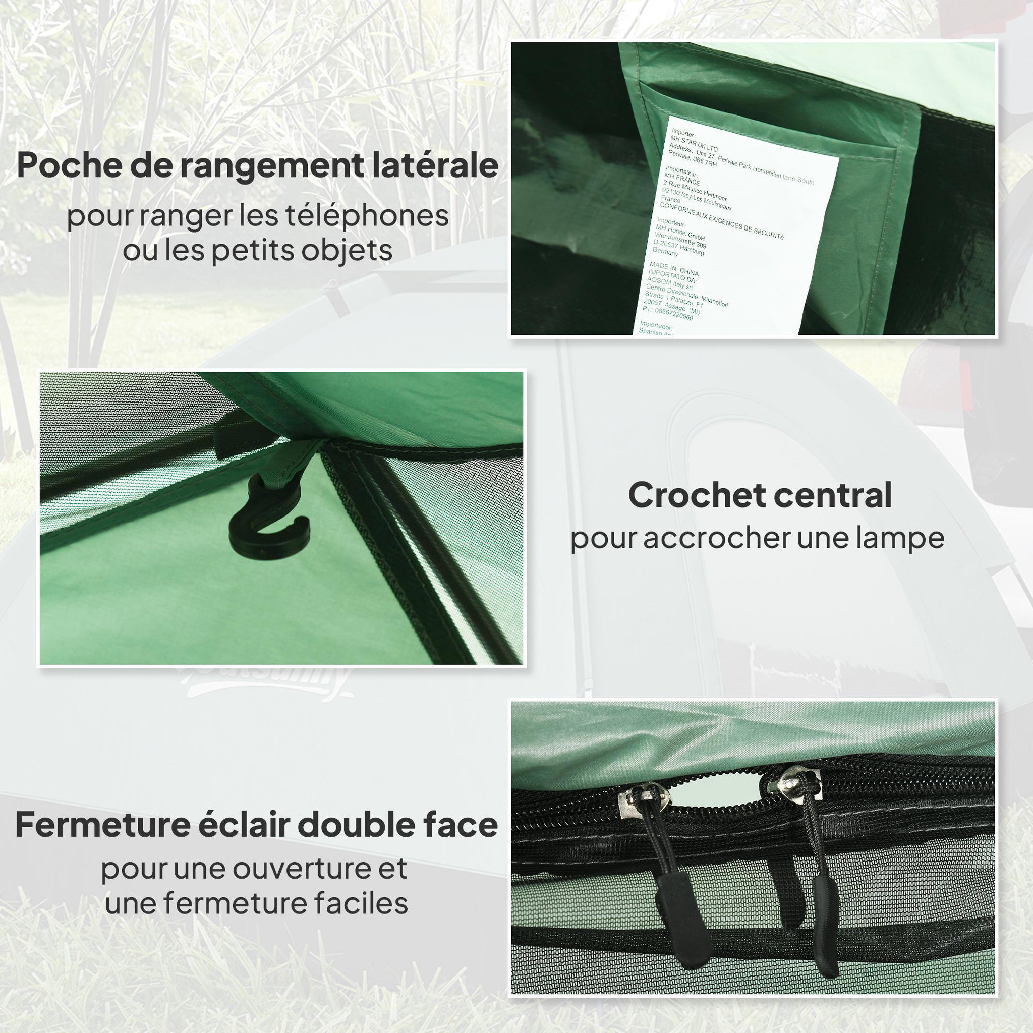 Voir la diapositive 5 : OUTSUNNY Tente de camping 2 personnes dim. 206l x 152l x 110h cm - portes zippée, poche rangement sac de transport inclus - fibre verre polyester oxford vert